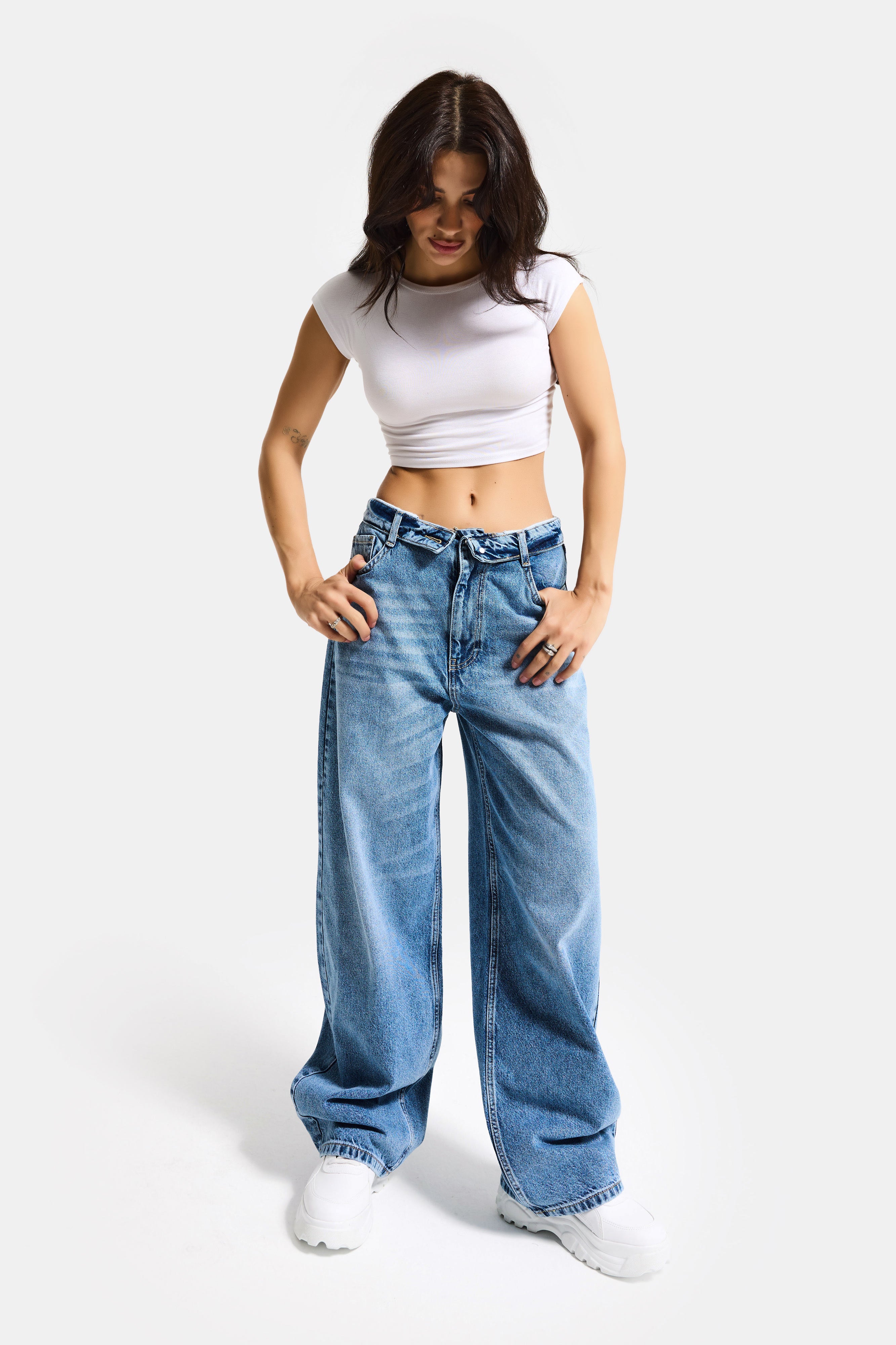 Kadın Mavi 4s6-4 Straight Fit Kemer Detaylı Özel Tasarım Denim Jean