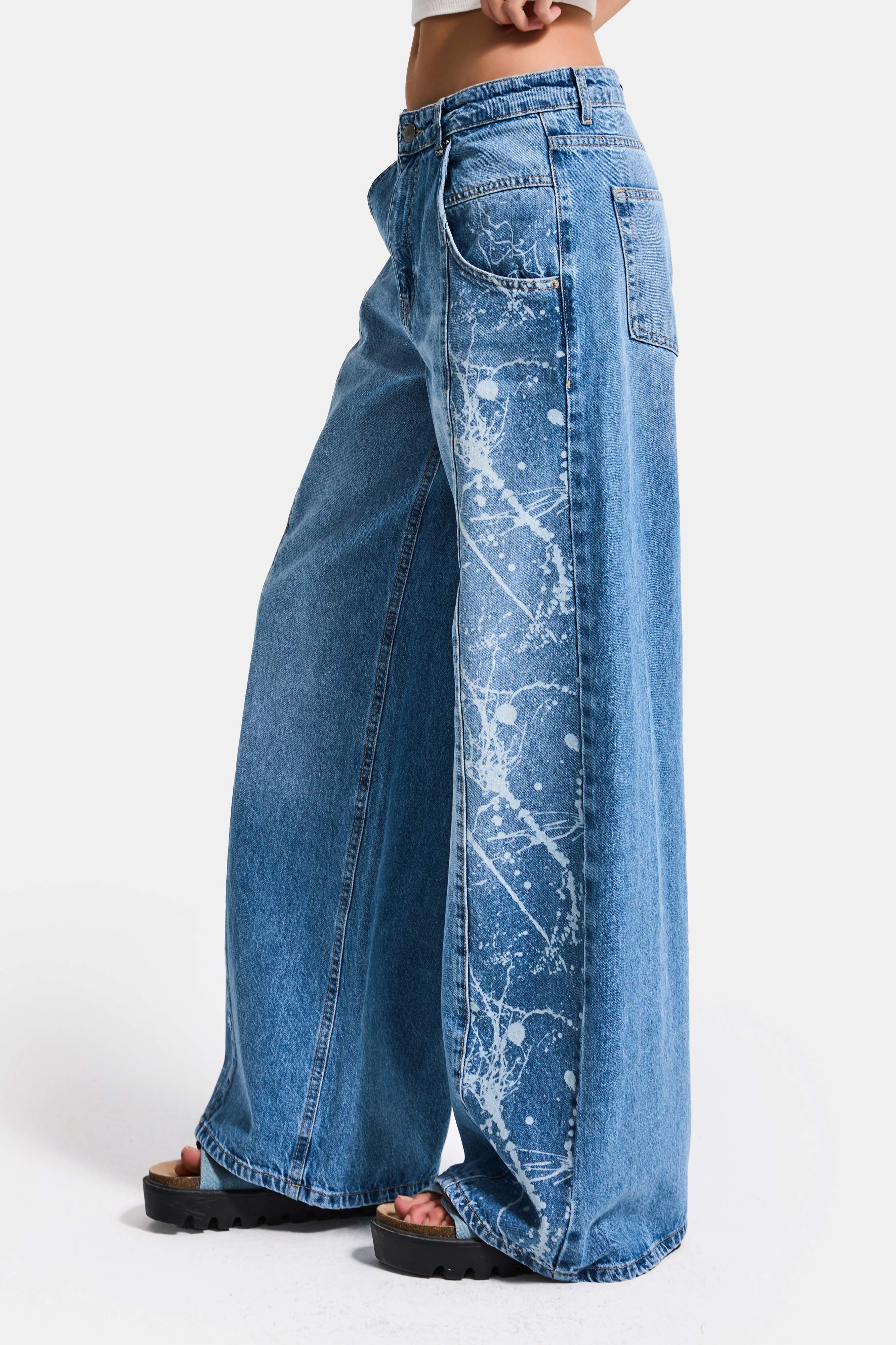 Kadın Mavi 2s6-24 Wide Leg Fit Bol Kesim %100 Koton Özel Tasarım Denim Jean