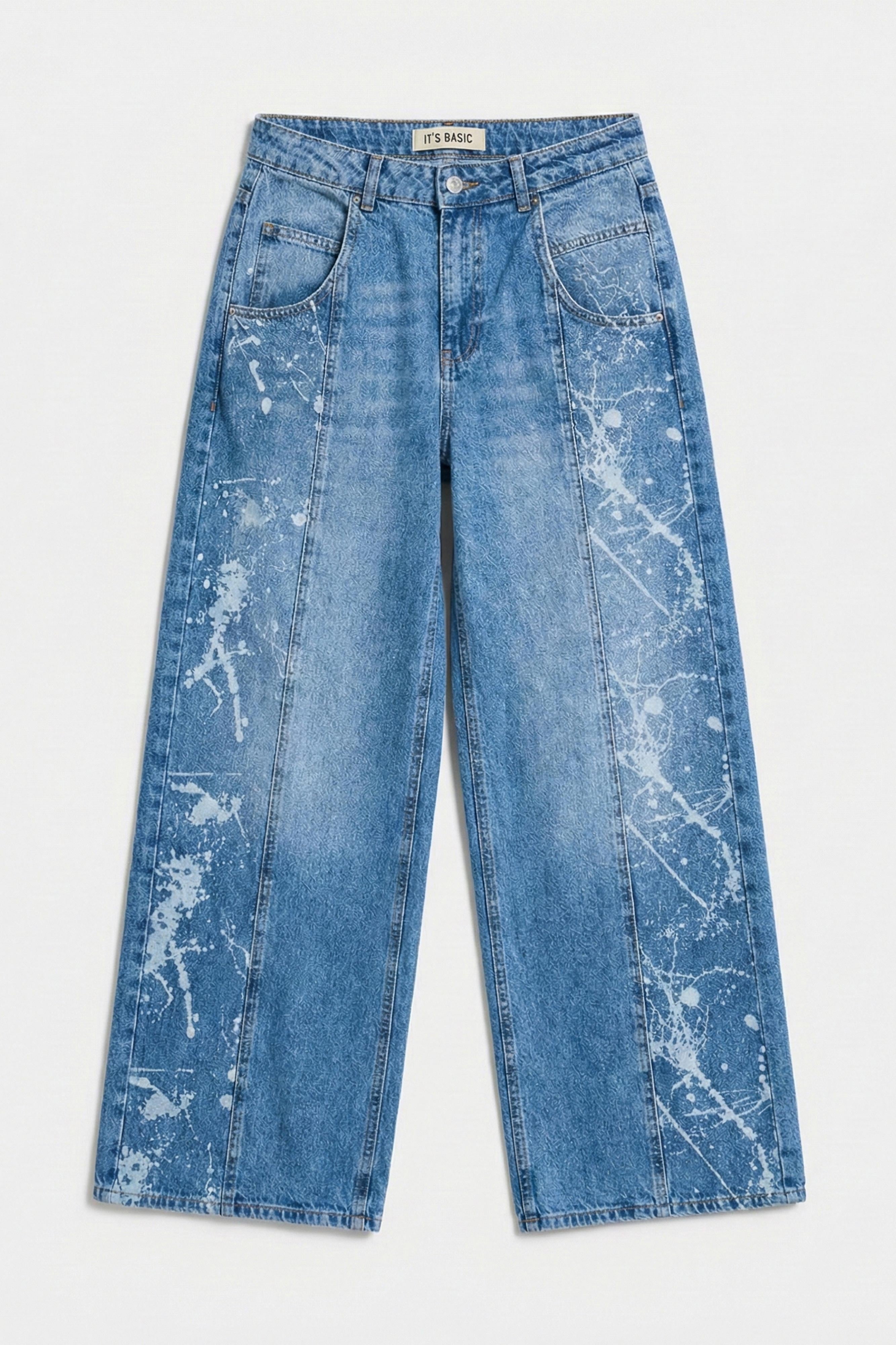 Kadın Mavi 2s6-24 Wide Leg Fit Bol Kesim %100 Koton Özel Tasarım Denim Jean