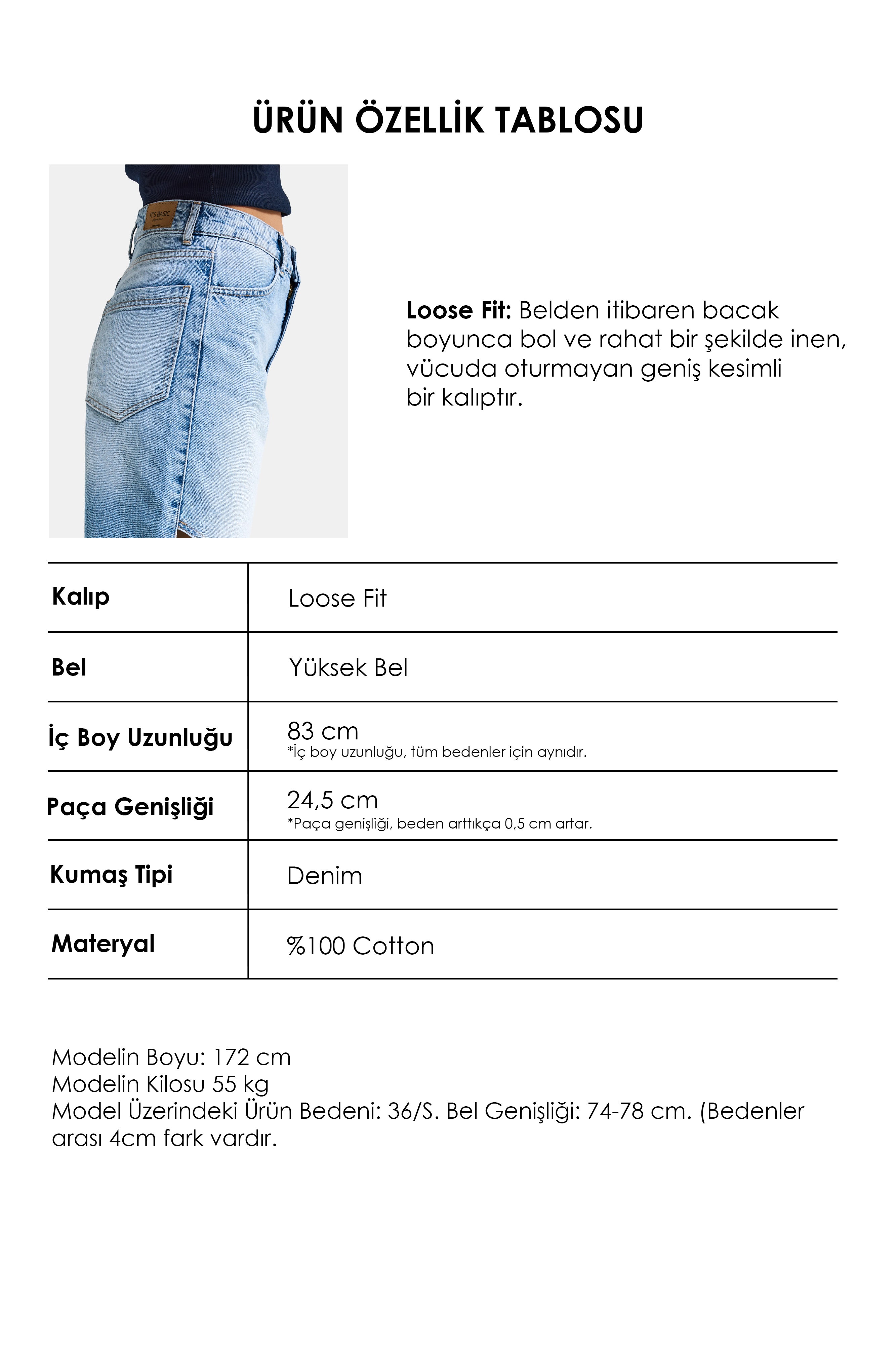 Kadın Mavi 4s6-27 Loose Fit %100 Koton Özel Tasarım Denim Jean