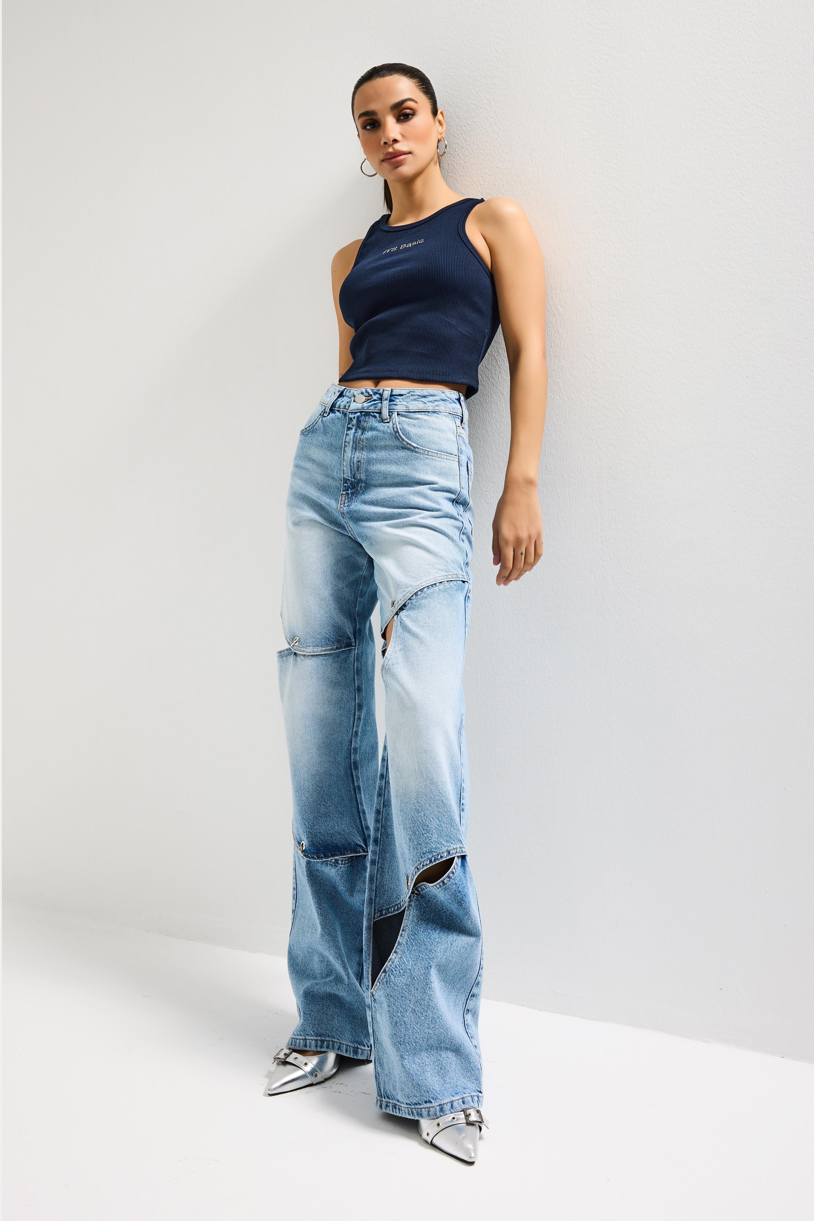 Kadın Mavi 4s6-27 Loose Fit %100 Koton Özel Tasarım Denim Jean
