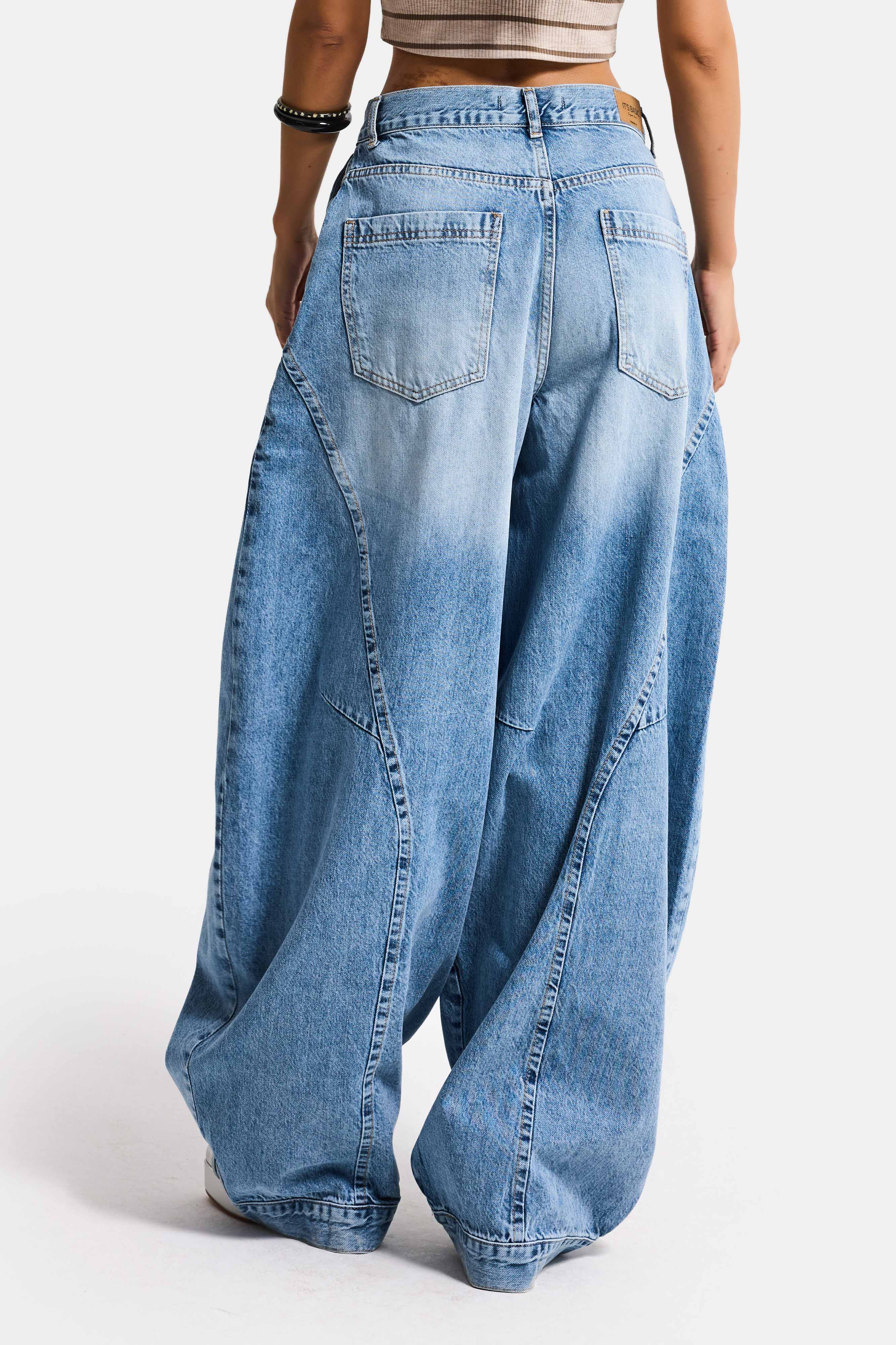 Kadın Mavi 4s6-3 Süper Baggy Fit Kemer Detaylı Özel Tasarım Denim Jean