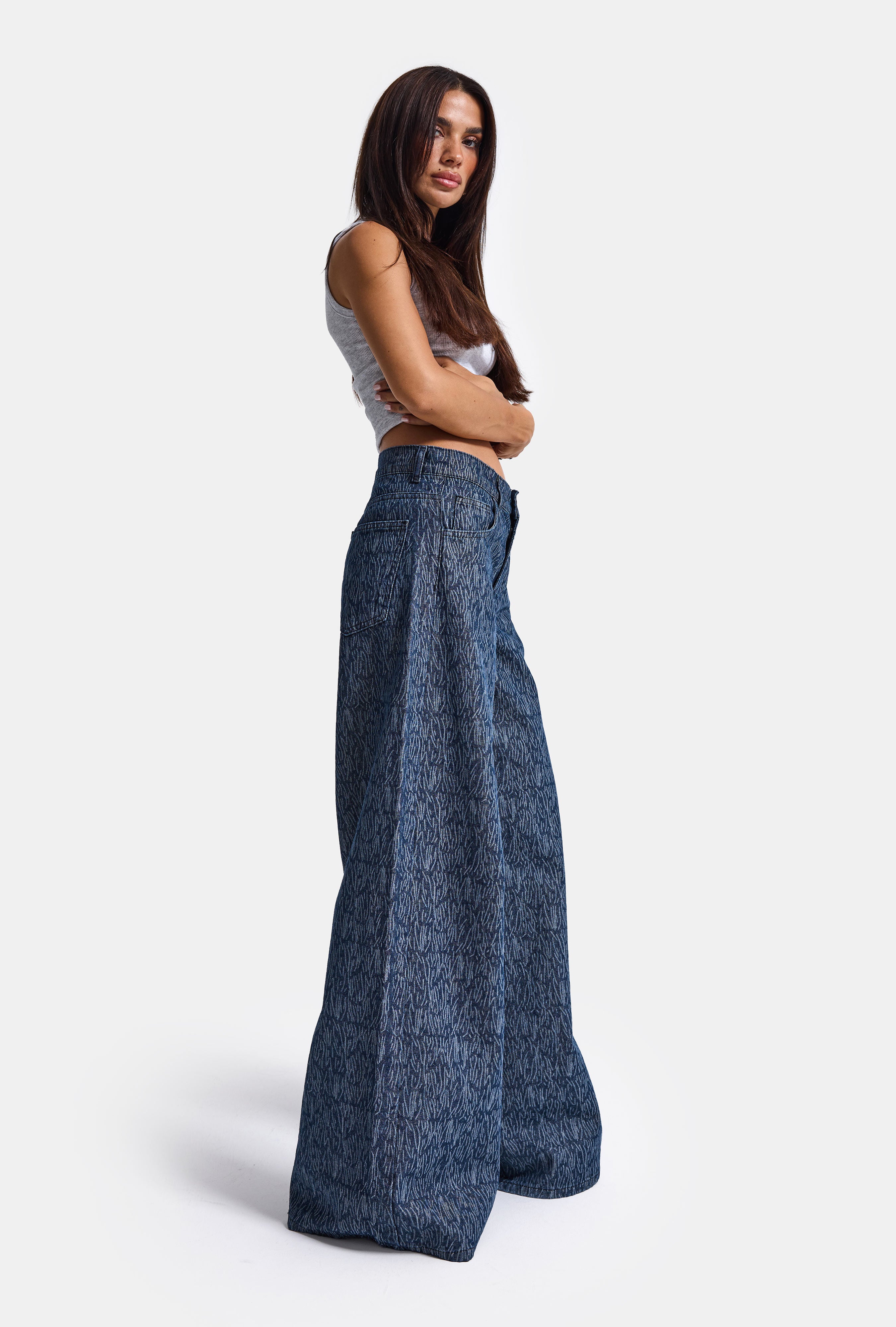 Kadın Mavi 9w6-197 Palazzo Fit Özel Desenli Kumaş Tasarım Denim Jean