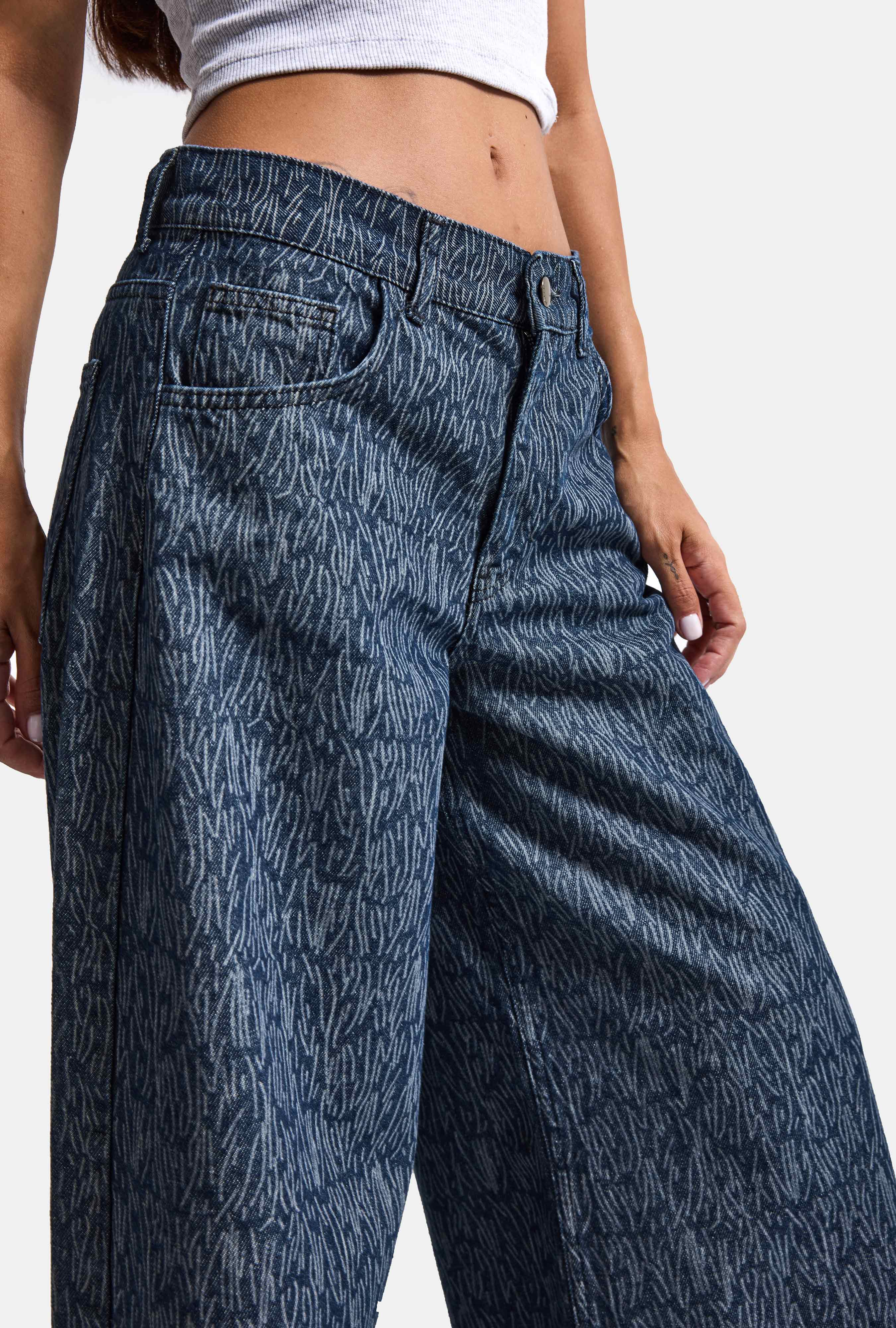 Kadın Mavi 9w6-197 Palazzo Fit Özel Desenli Kumaş Tasarım Denim Jean