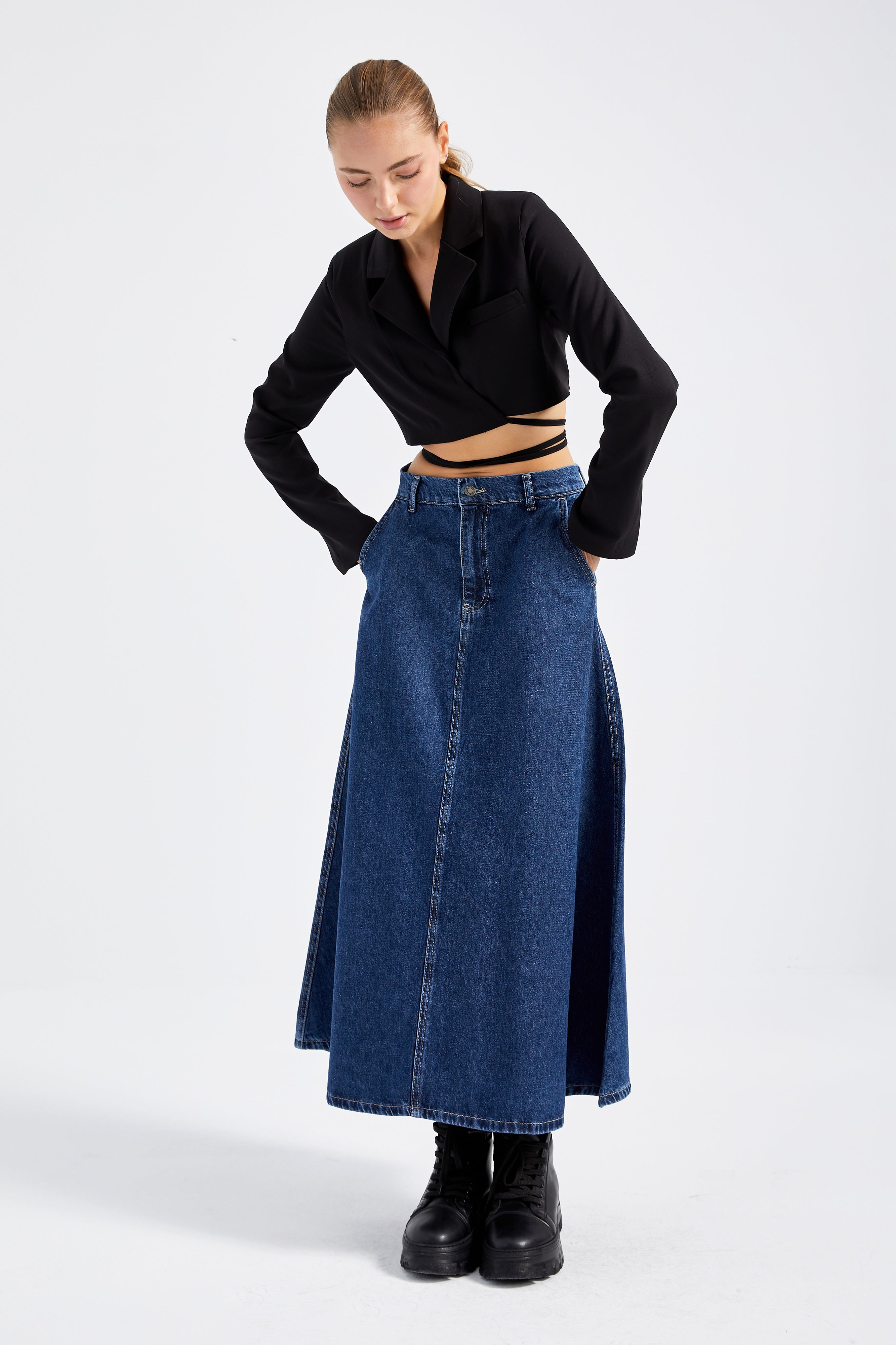 Women's Blue Color A Type Cut Denim Skirt