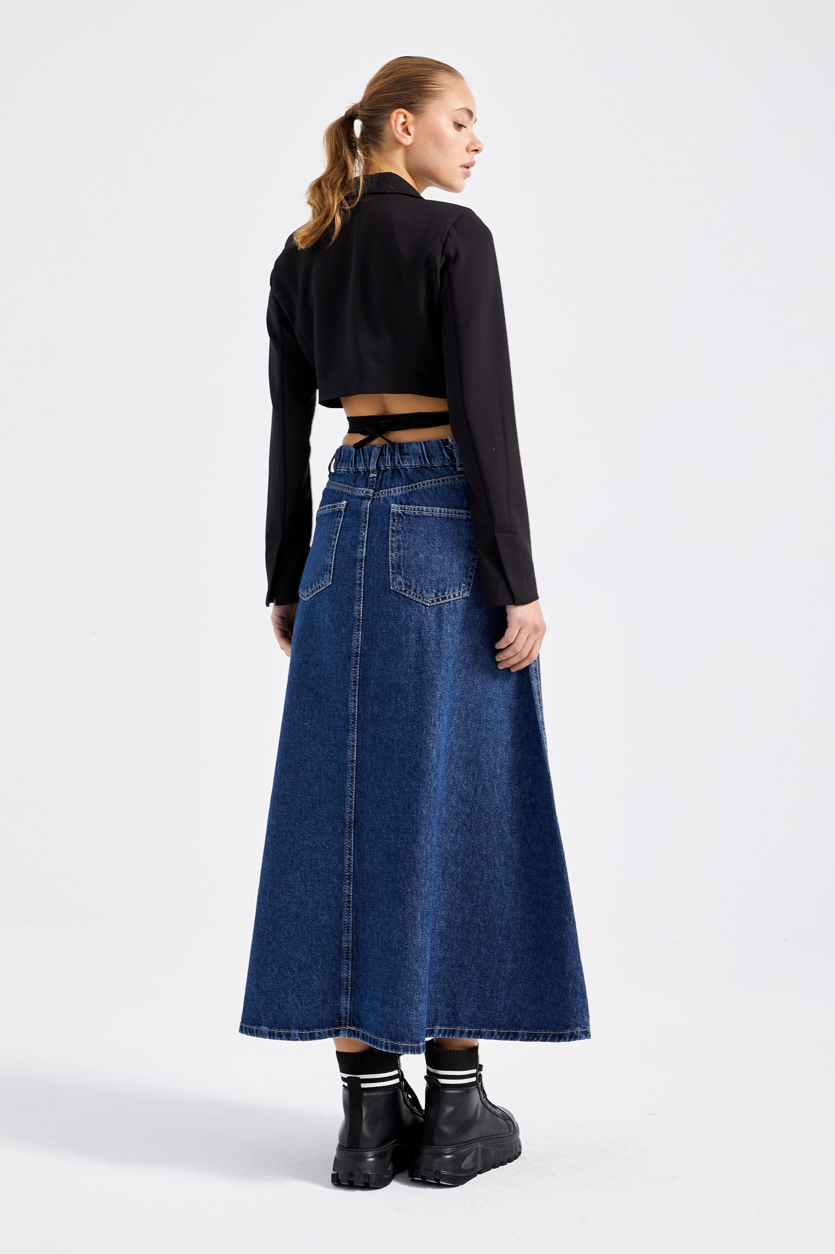 Women's Blue Color A Type Cut Denim Skirt