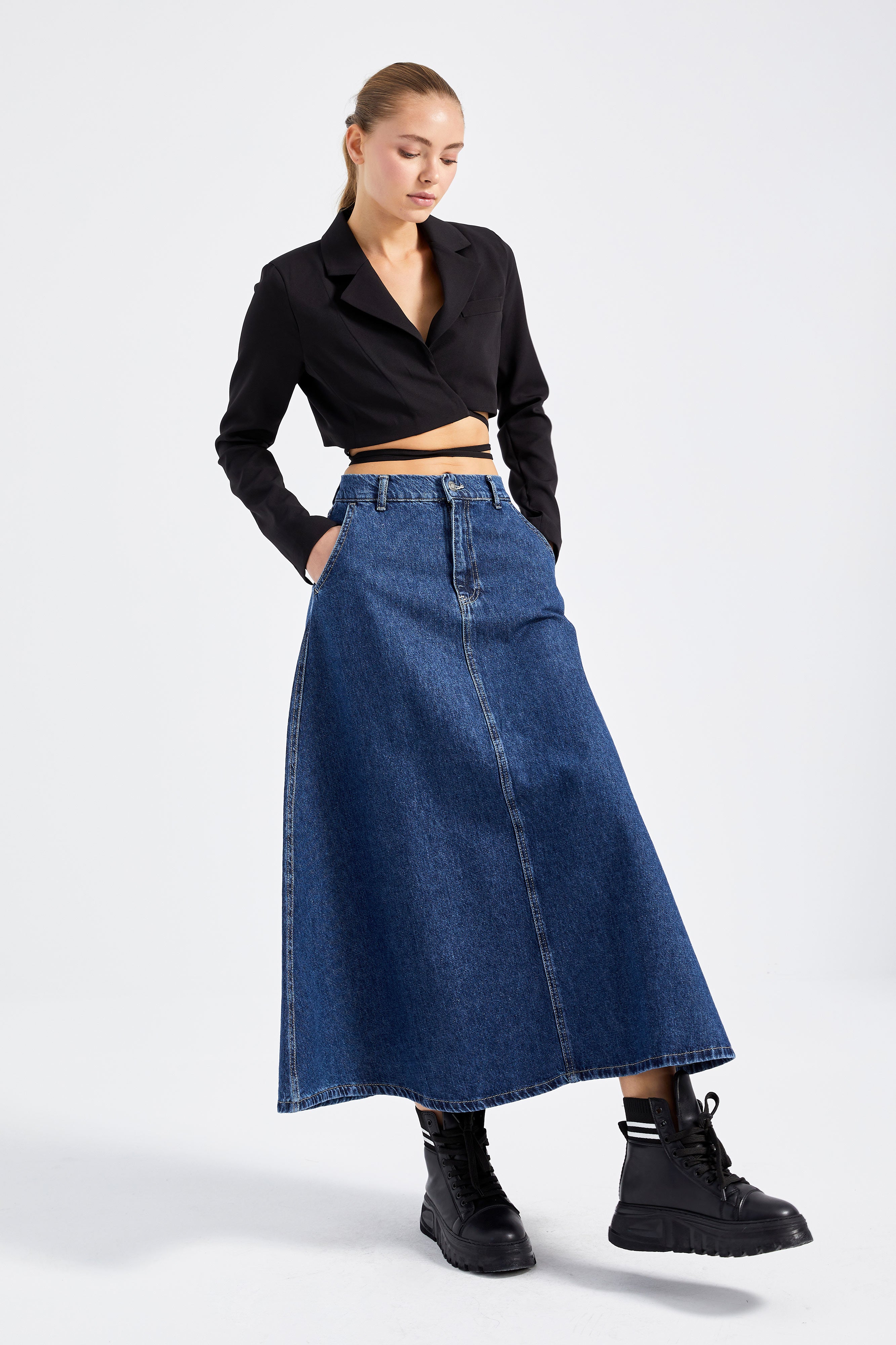 Women's Blue Color A Type Cut Denim Skirt