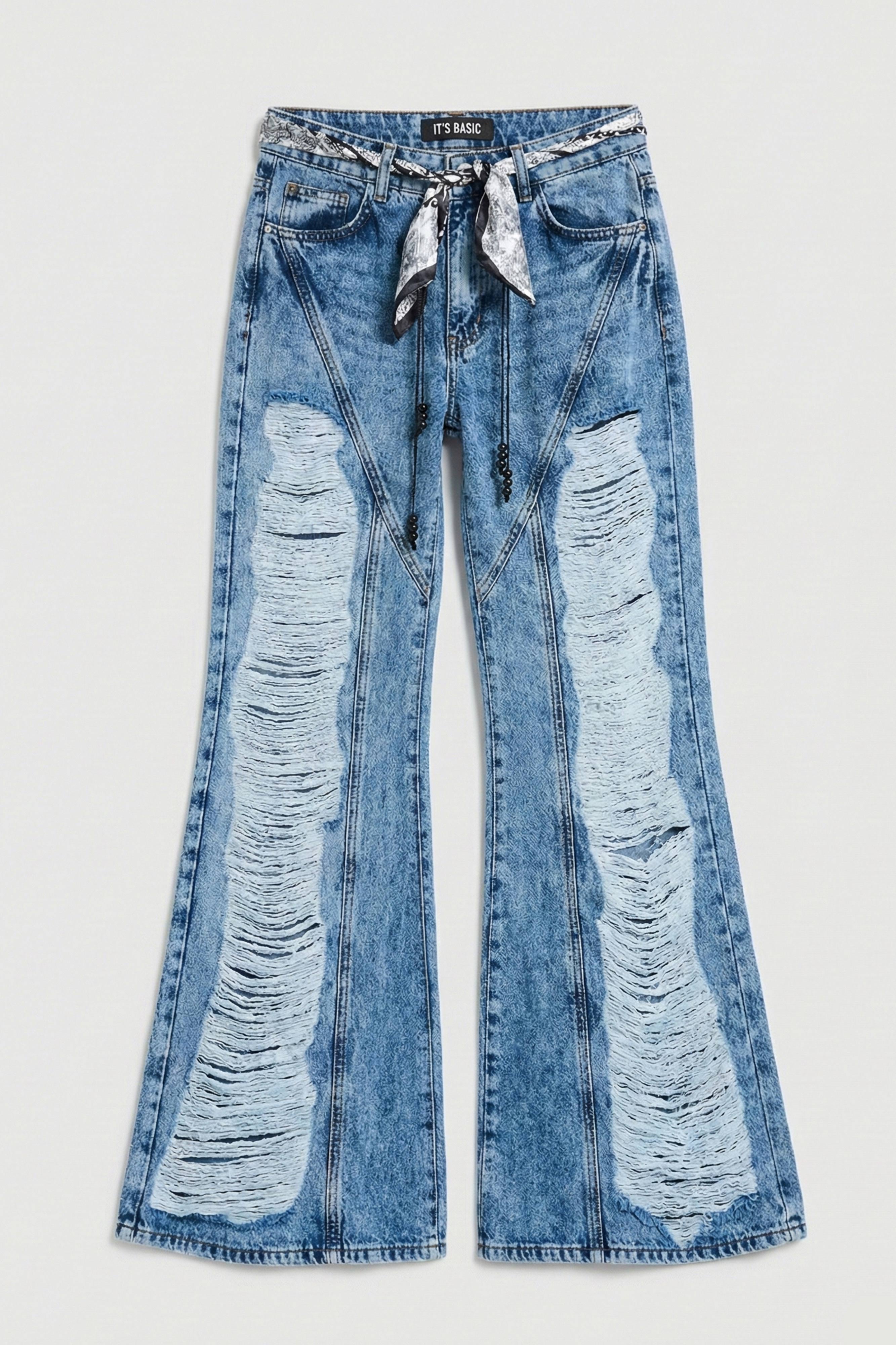 Kadın Mavi Flare Fit Altı Beslemeli Yırtık ve Fular Detaylı Tasarım Denim Jean