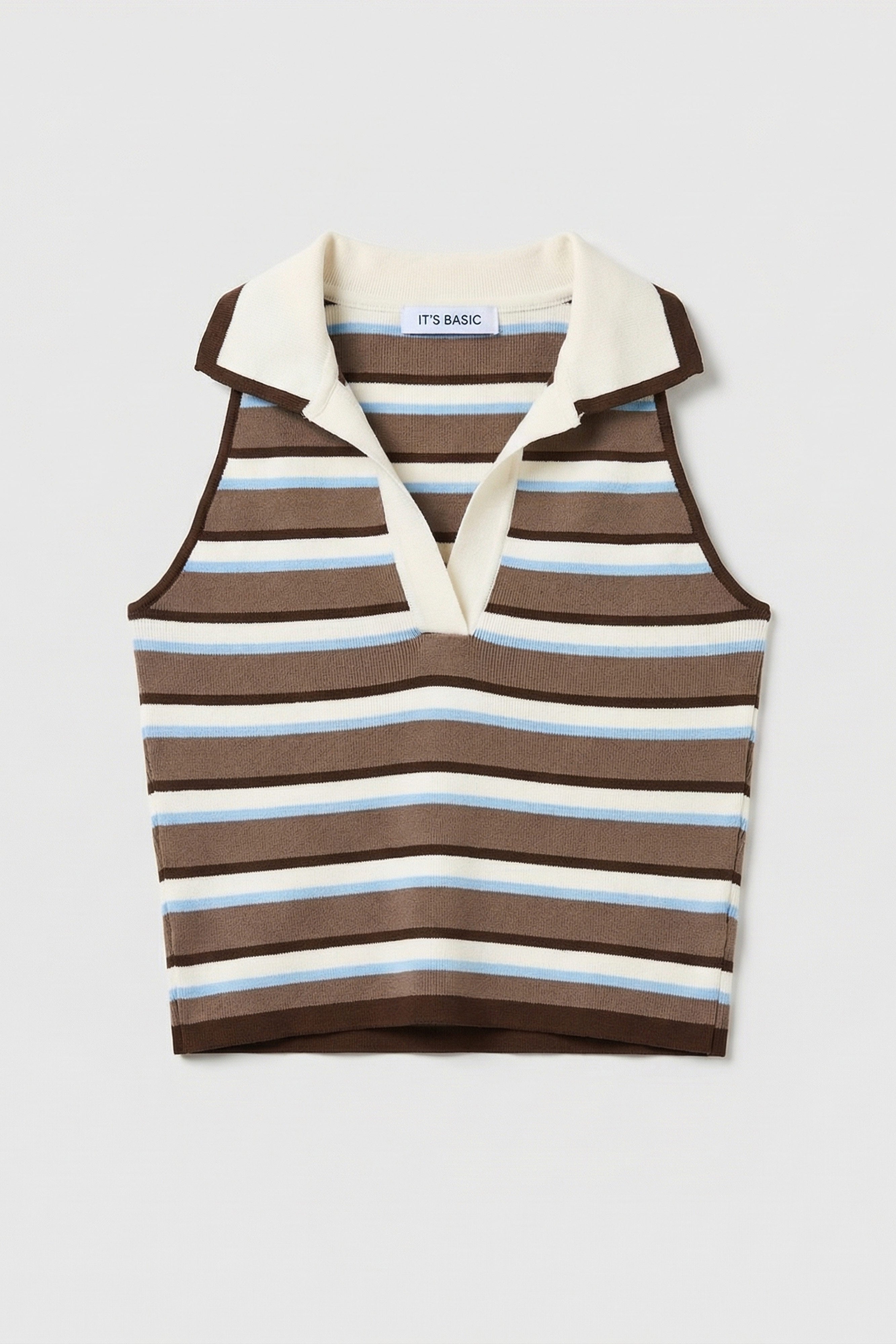 Kadın Mavi Kahve s6-103 Crop Fit Polo Yaka İnce Yazlık Triko Body