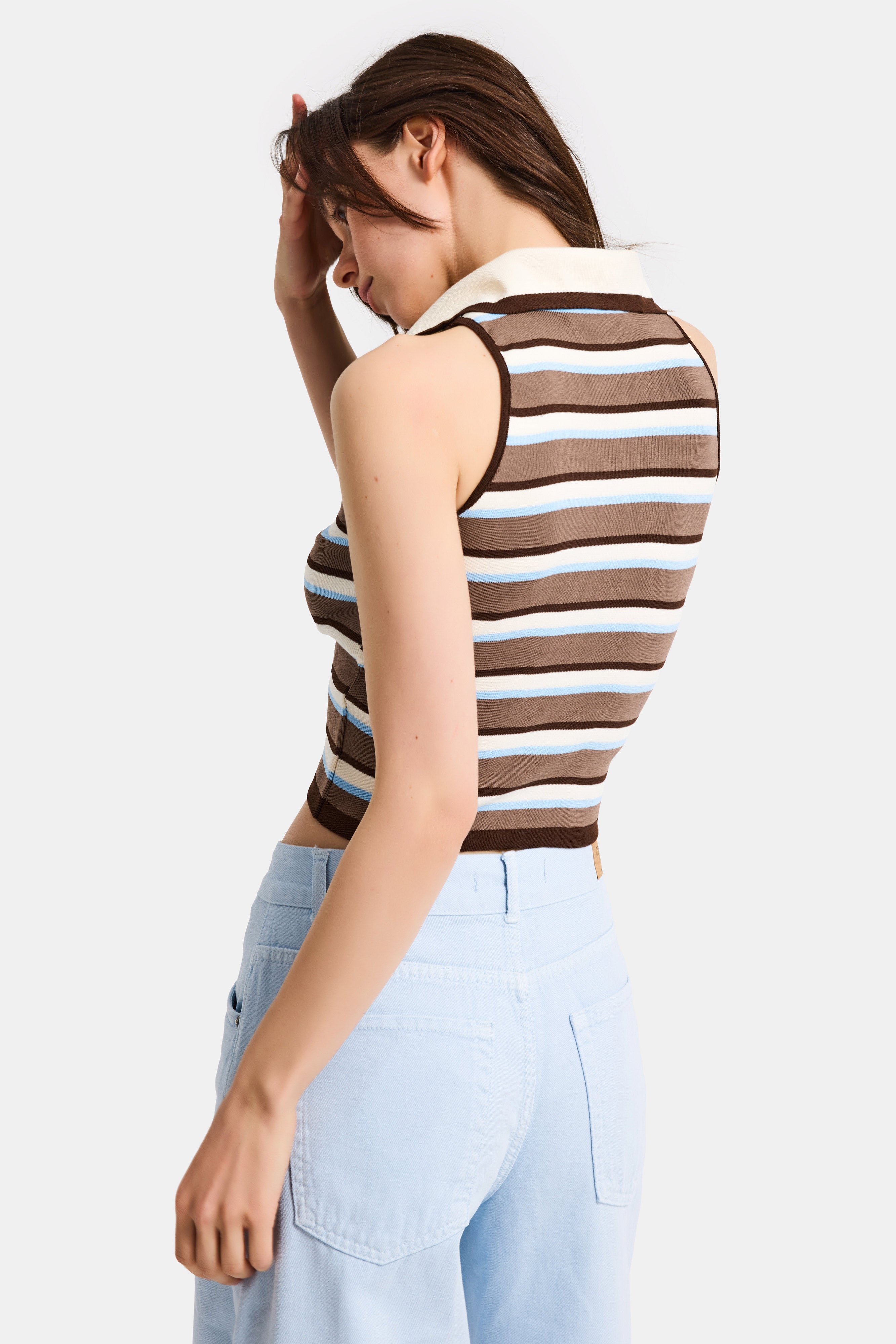 Kadın Mavi Kahve s6-103 Crop Fit Polo Yaka İnce Yazlık Triko Body