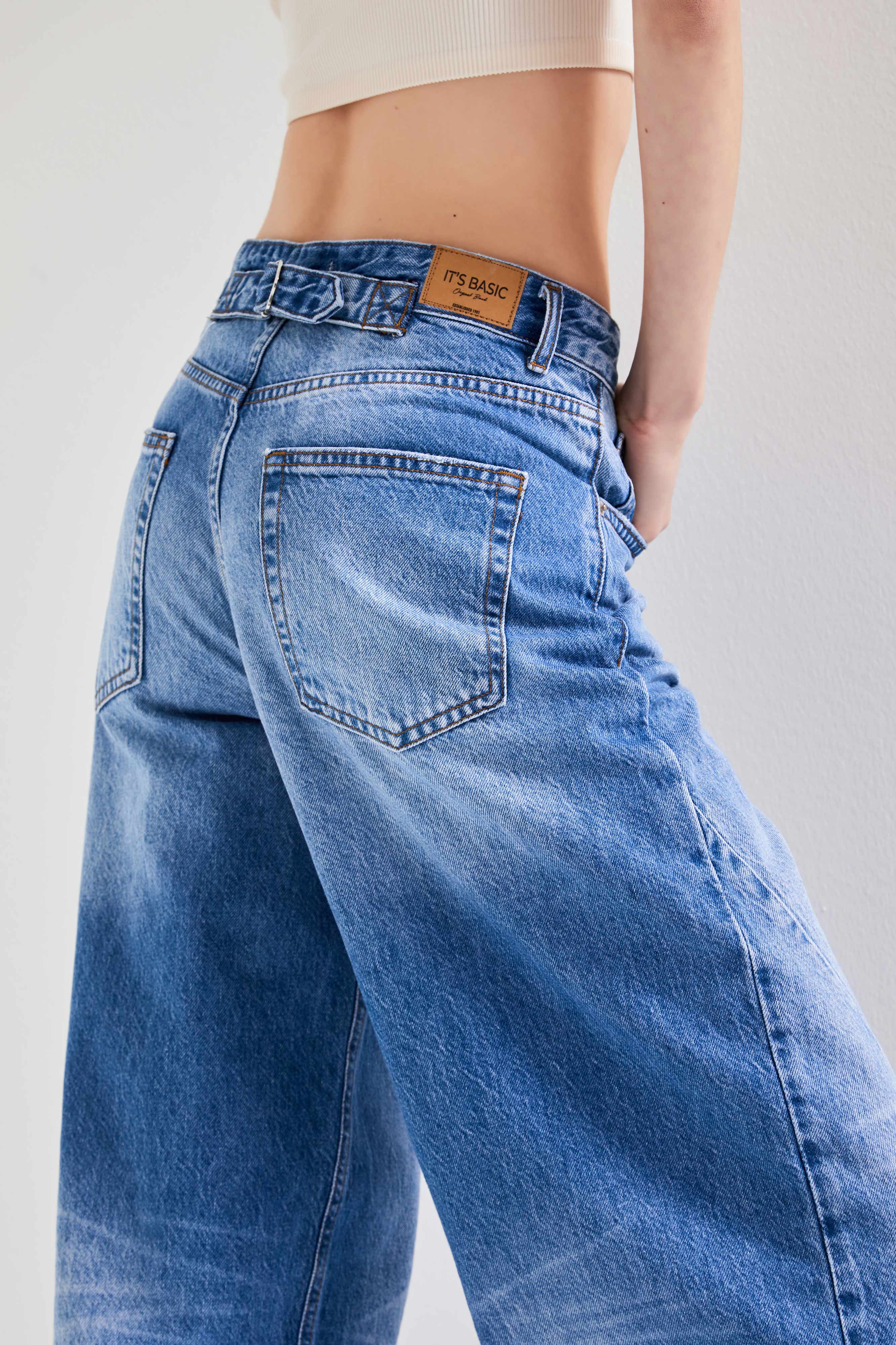 Kadın Mavi Kot Rengi 10S5-4 Kemer Tokalı Barrel Fit %100 Koton Denim