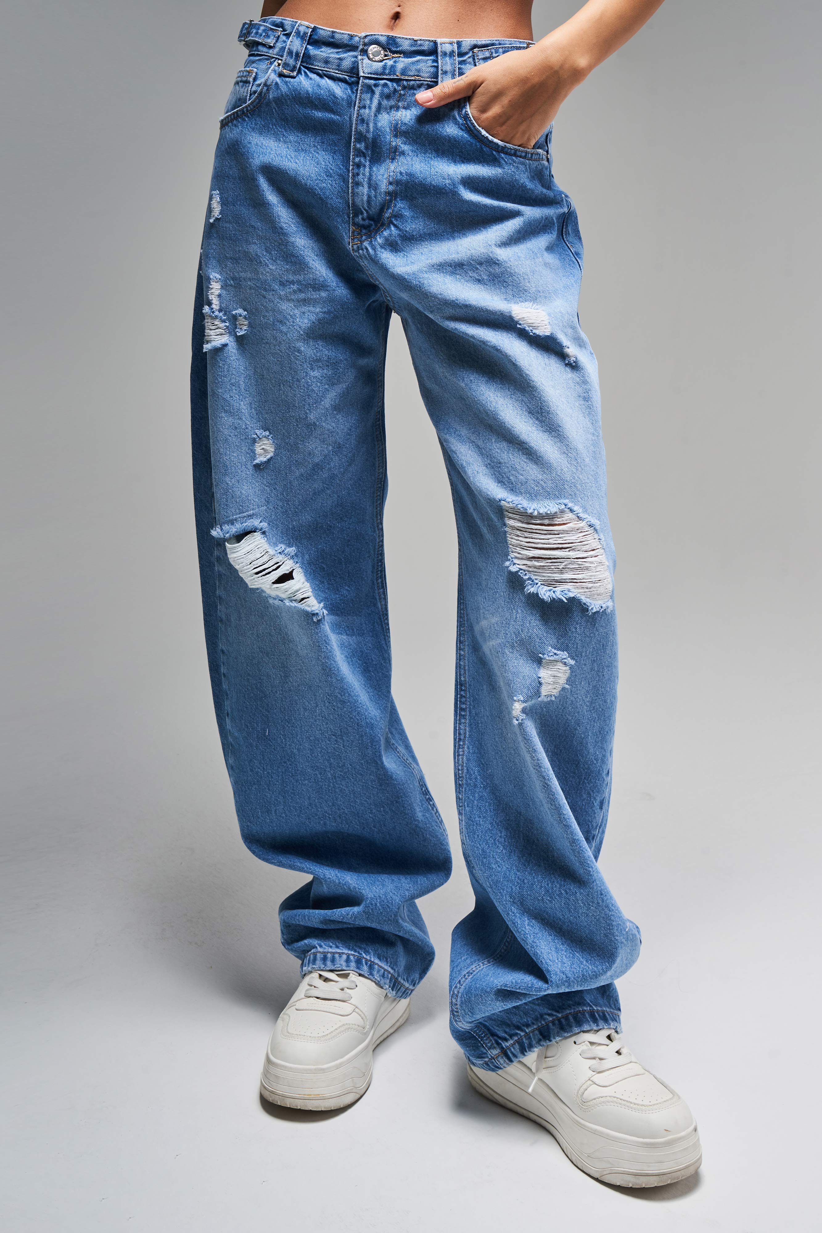 Kadın Mavi Kot Rengi Lotus 10s5-4 Süper Baggy Fit %100 Koton Kemer Detaylı Denim Jean