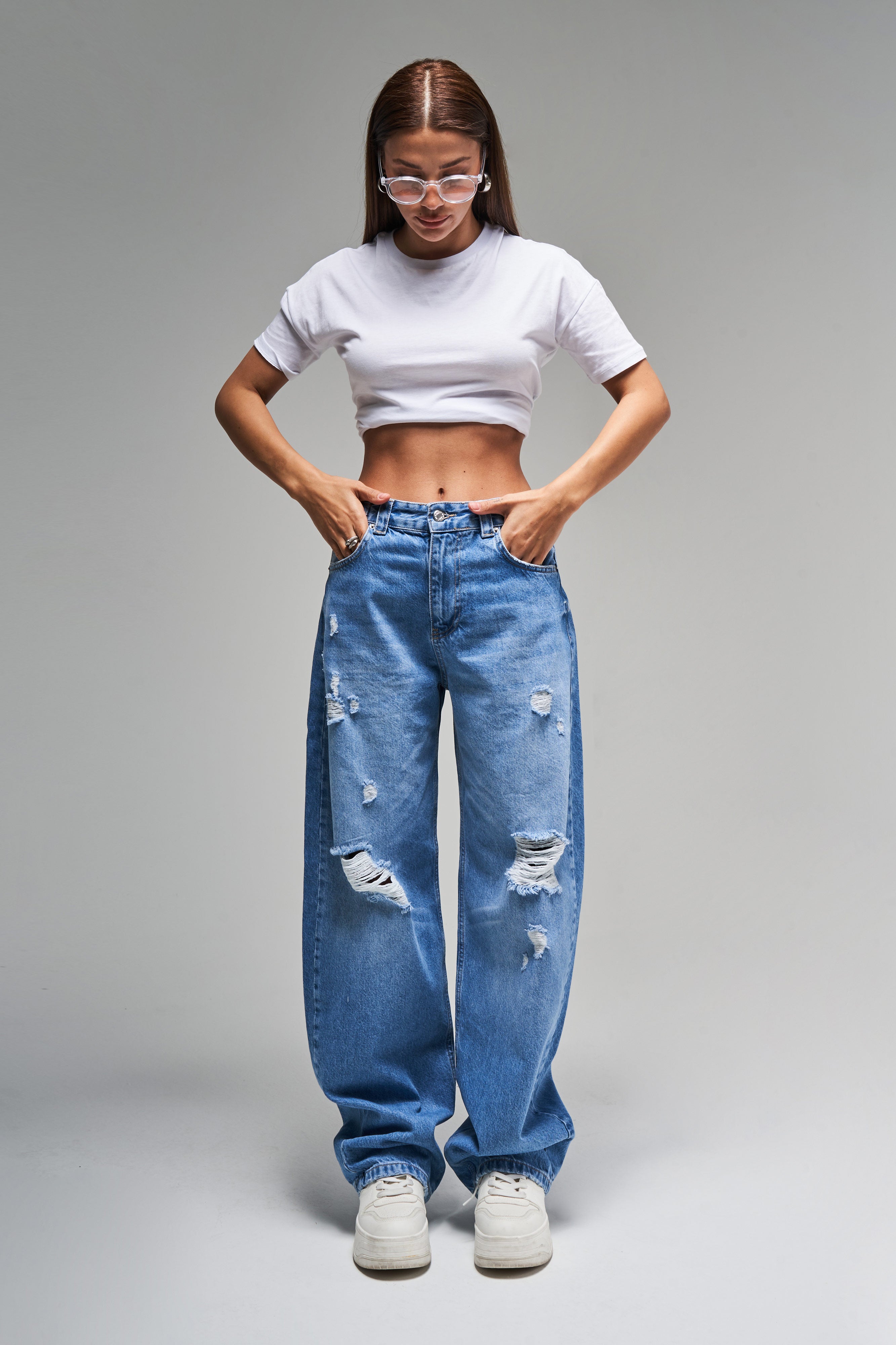 Kadın Mavi Kot Rengi Lotus 10s5-4 Süper Baggy Fit %100 Koton Kemer Detaylı Denim Jean