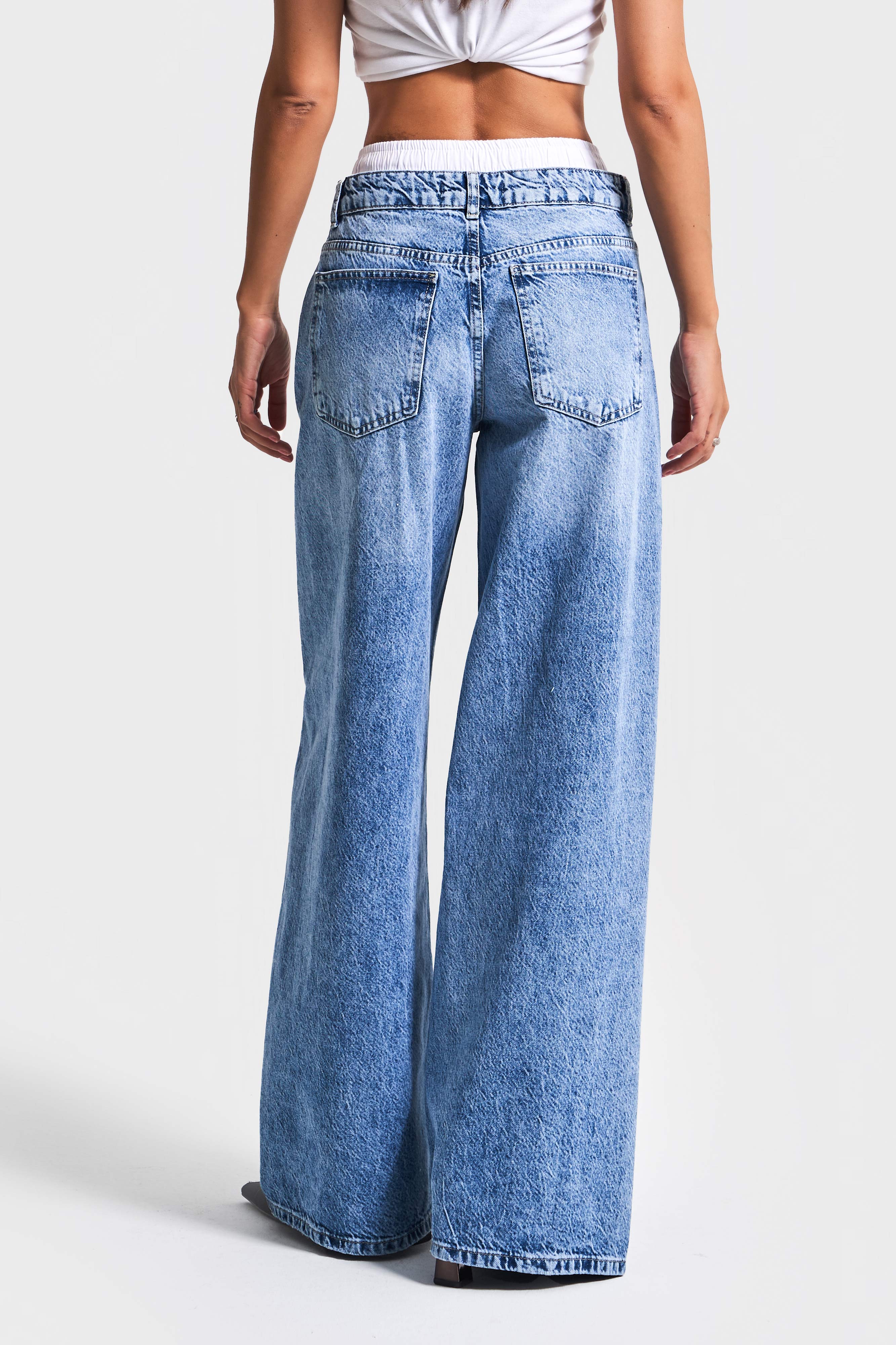 Women's Blue Denim Color 4S5-4 Boxer Detailed Palazzo Fit 100% Cotton Denim Jeans