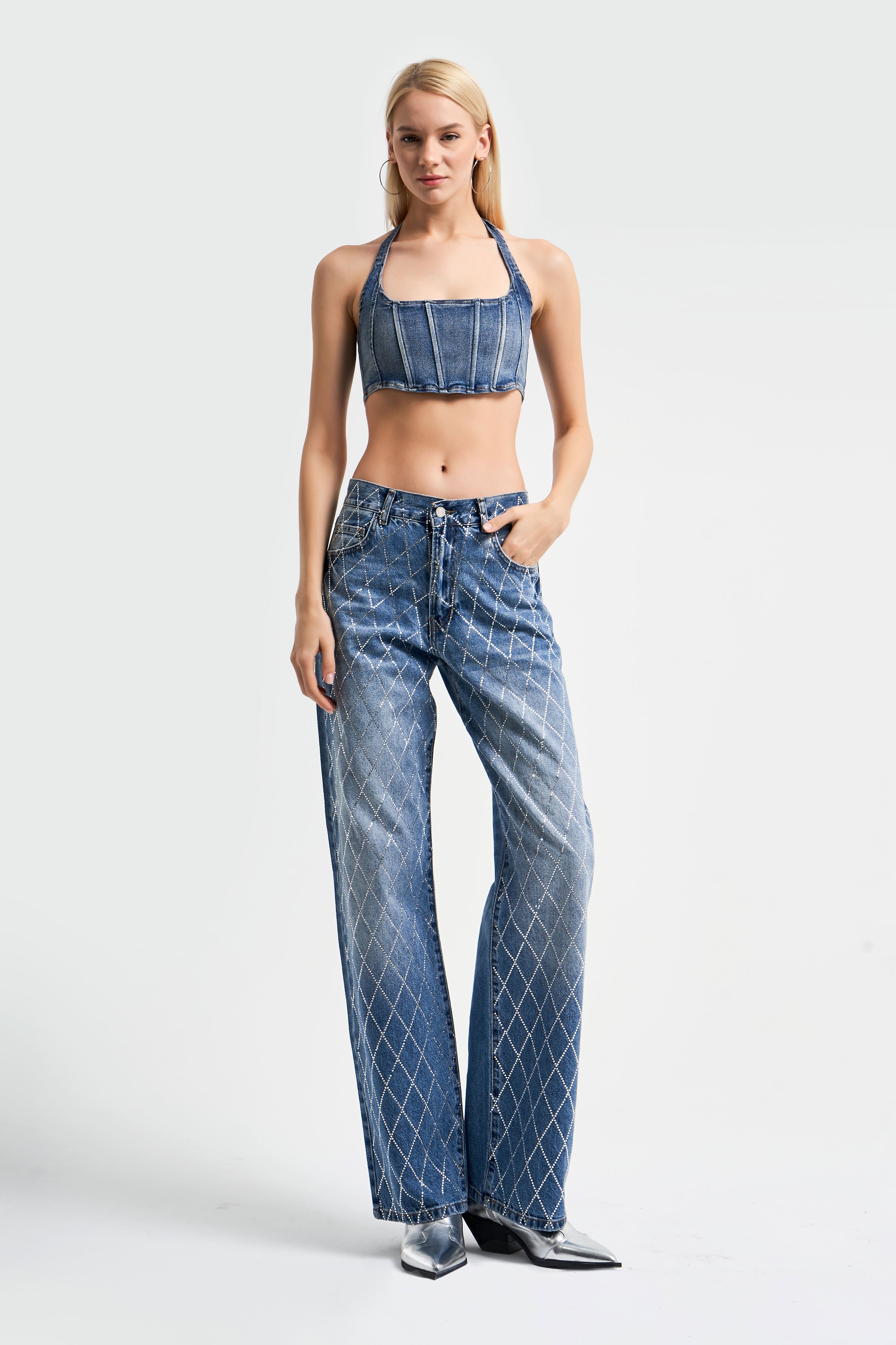 Kadın Mavi Kot Rengi Rita Önü Komple Taşlı Straight Fit Orta Bel Denim