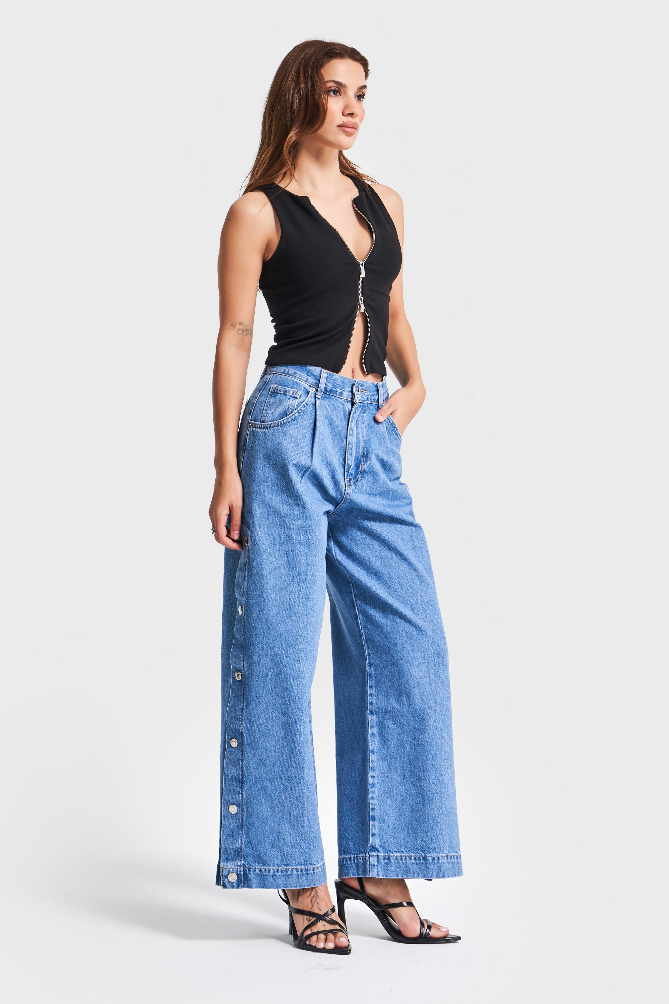 Kadın Mavi Kot Rengş 1S5-4 Palazzo Fit Yandan Ful Düğme Yırtmaçlı Tasarım Denim Jean