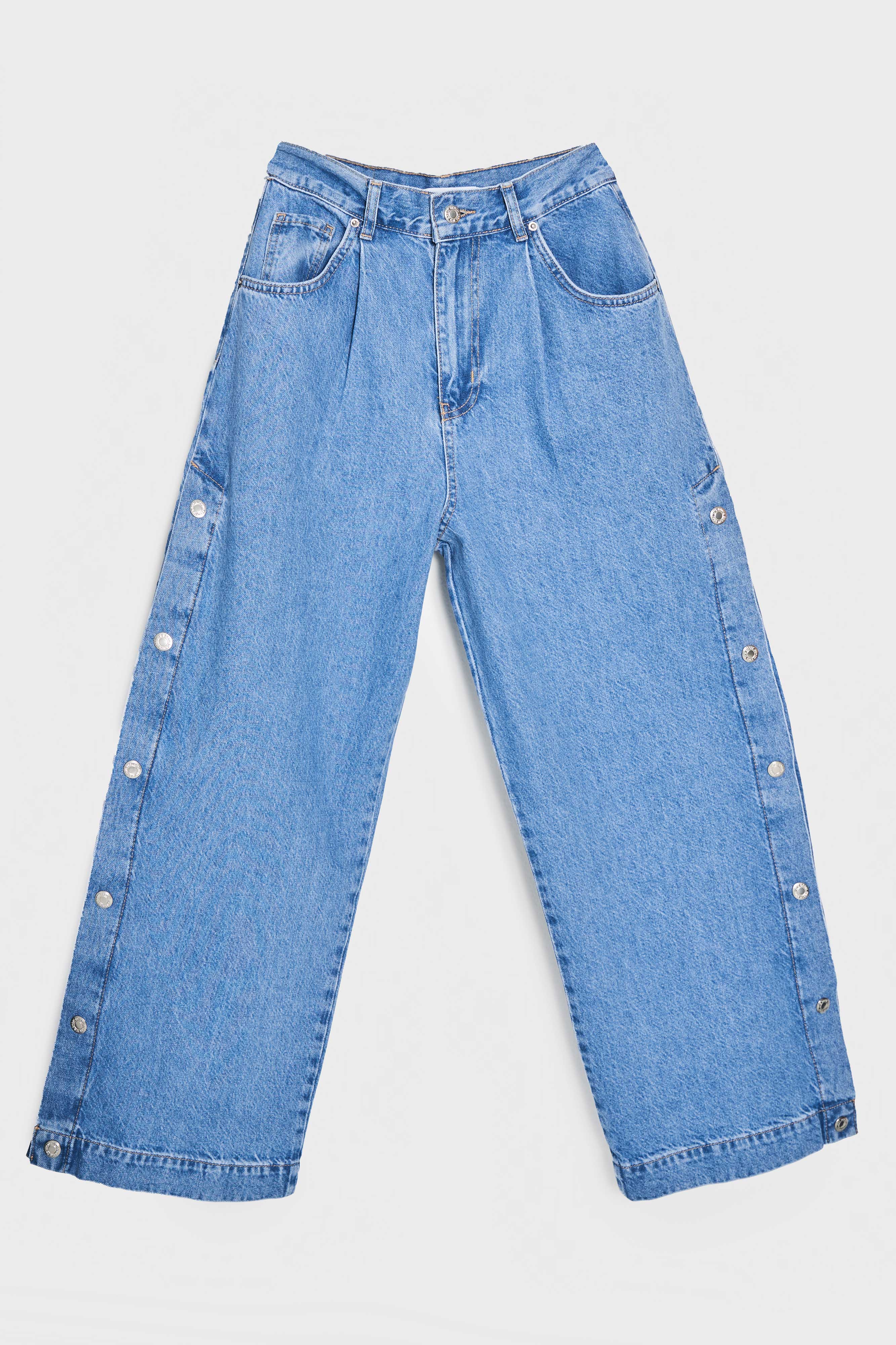 Kadın Mavi Kot Rengş 1S5-4 Palazzo Fit Yandan Ful Düğme Yırtmaçlı Tasarım Denim Jean