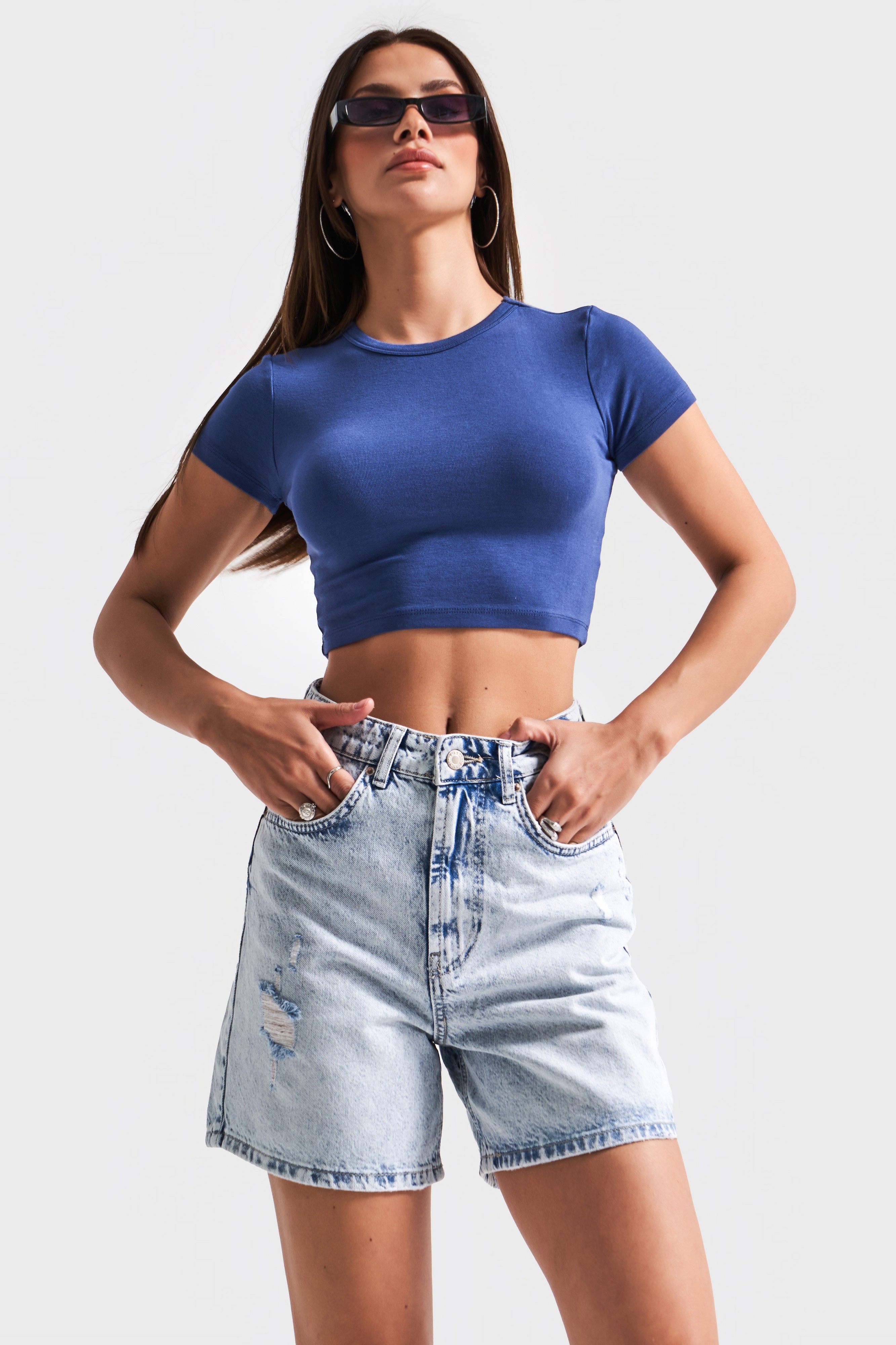 Kadın Mavi Renk Diana 12s5-3 Mom Fit Midi Boy Lazer Detaylı Yırtık %100 Koton Denim Şort