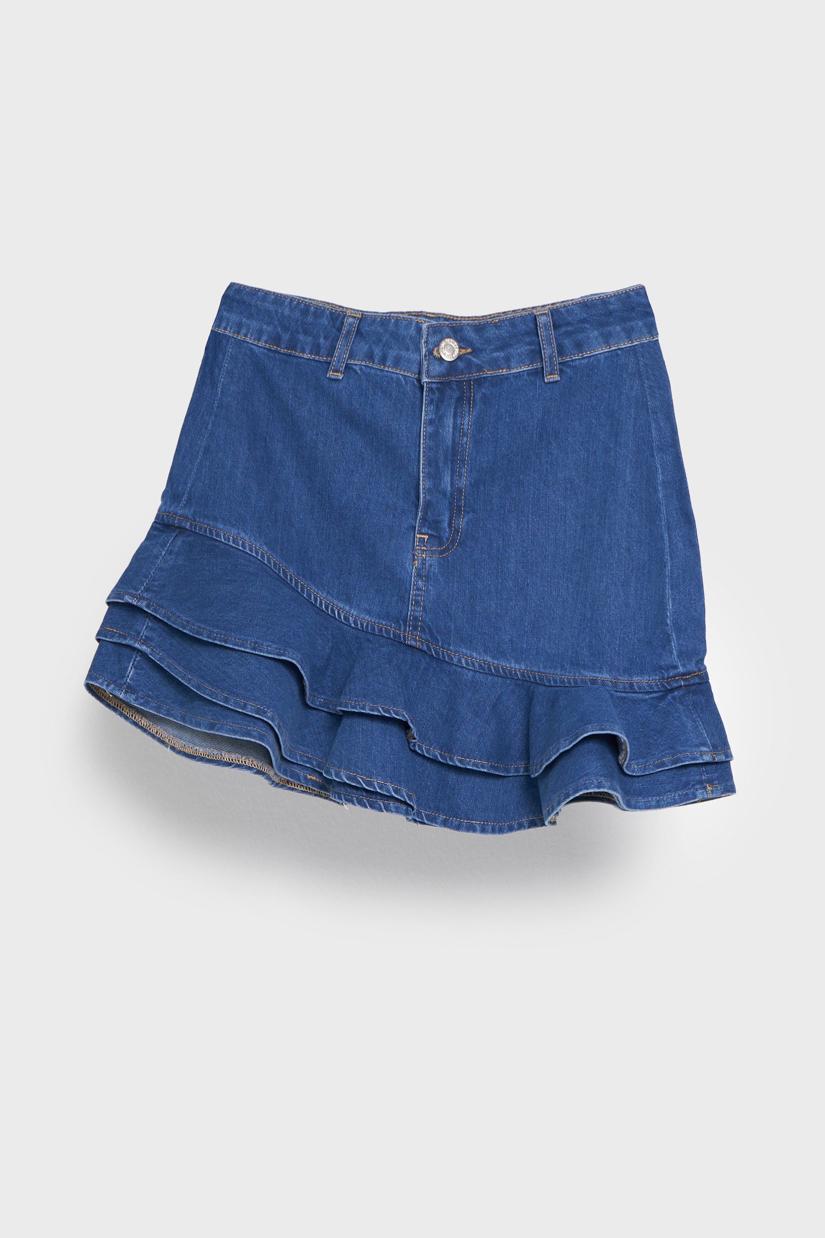 Kadın Mavi Renk 1S5-4 Volanlı %100 Koton Tasarım Denim Mini Etek