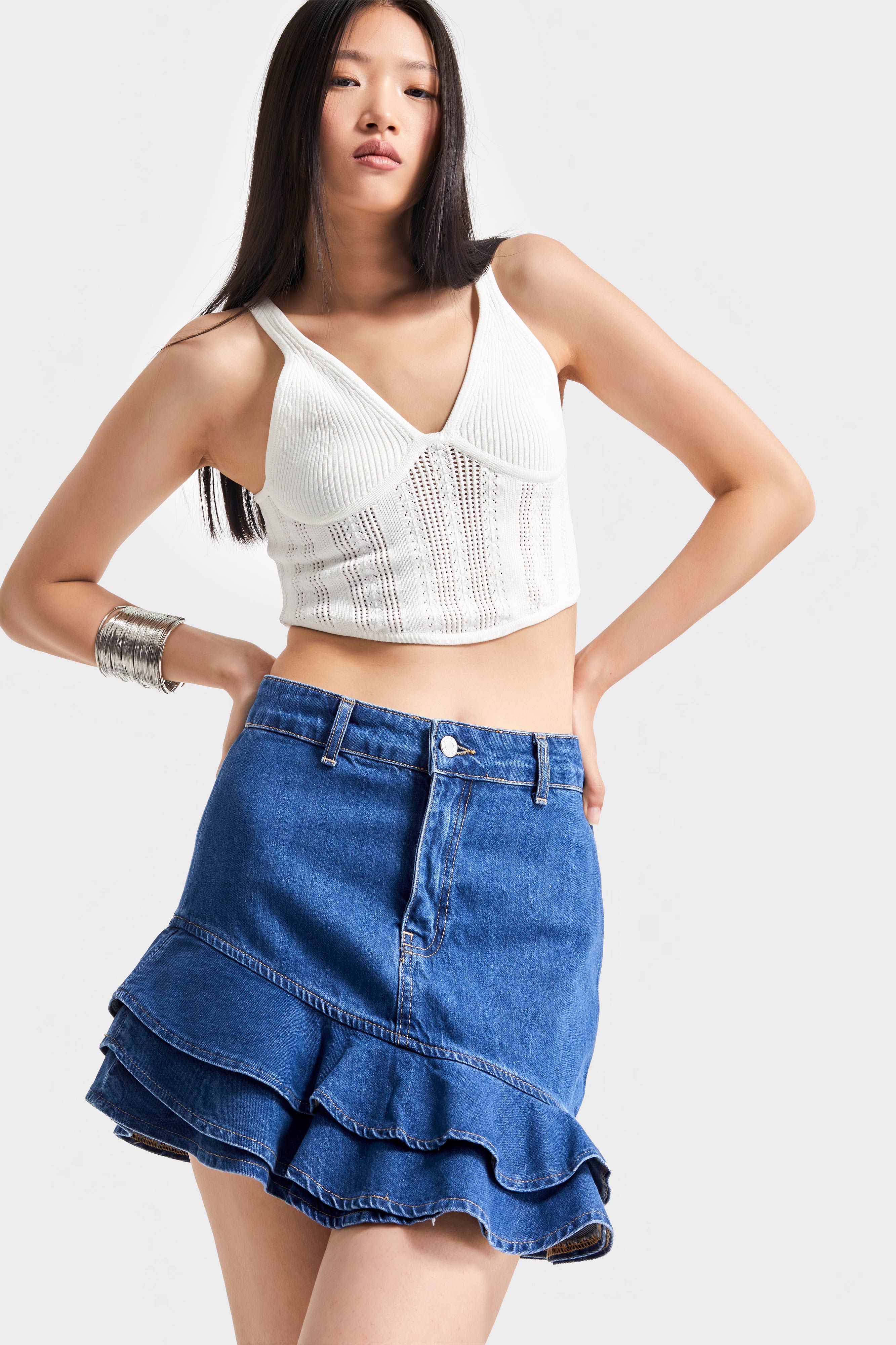 Kadın Mavi Renk 1S5-4 Volanlı %100 Koton Tasarım Denim Mini Etek