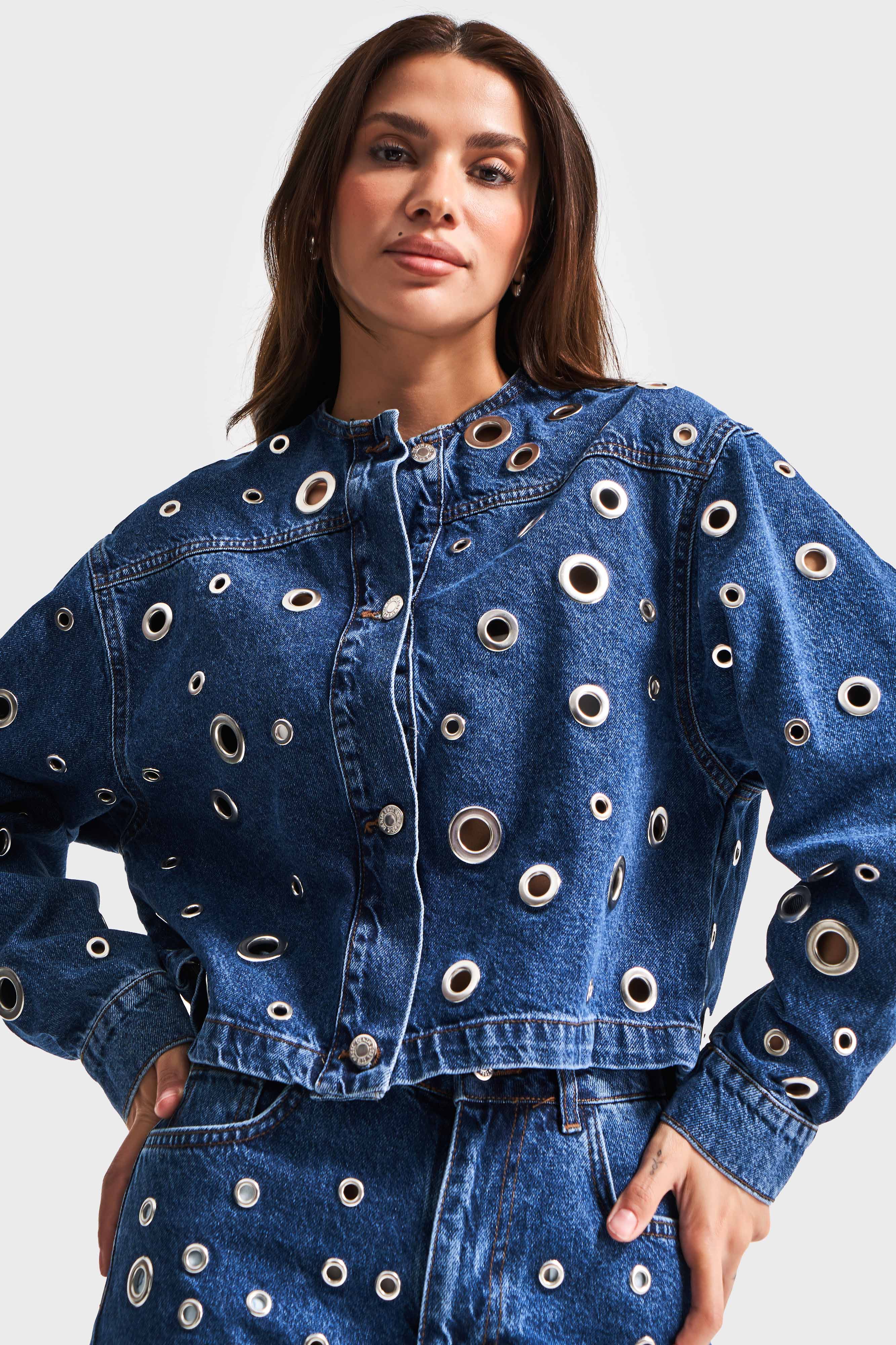 Damesblauw 1s5-5 Bird Eye Detail Crop Oversize 100% Katoenen Design Denim Jack
