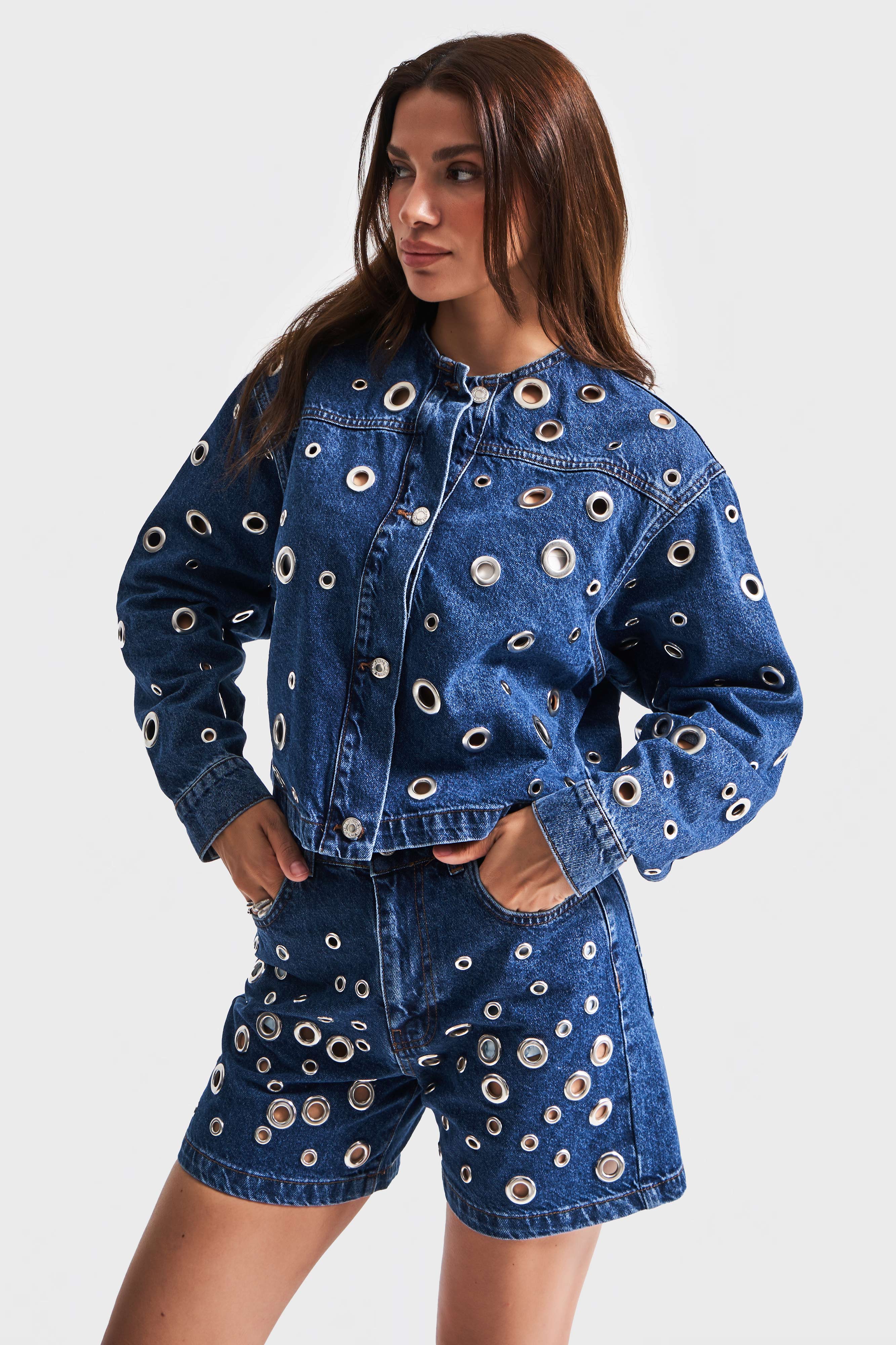 Damesblauw 1s5-5 Bird Eye Detail Crop Oversize 100% Katoenen Design Denim Jack