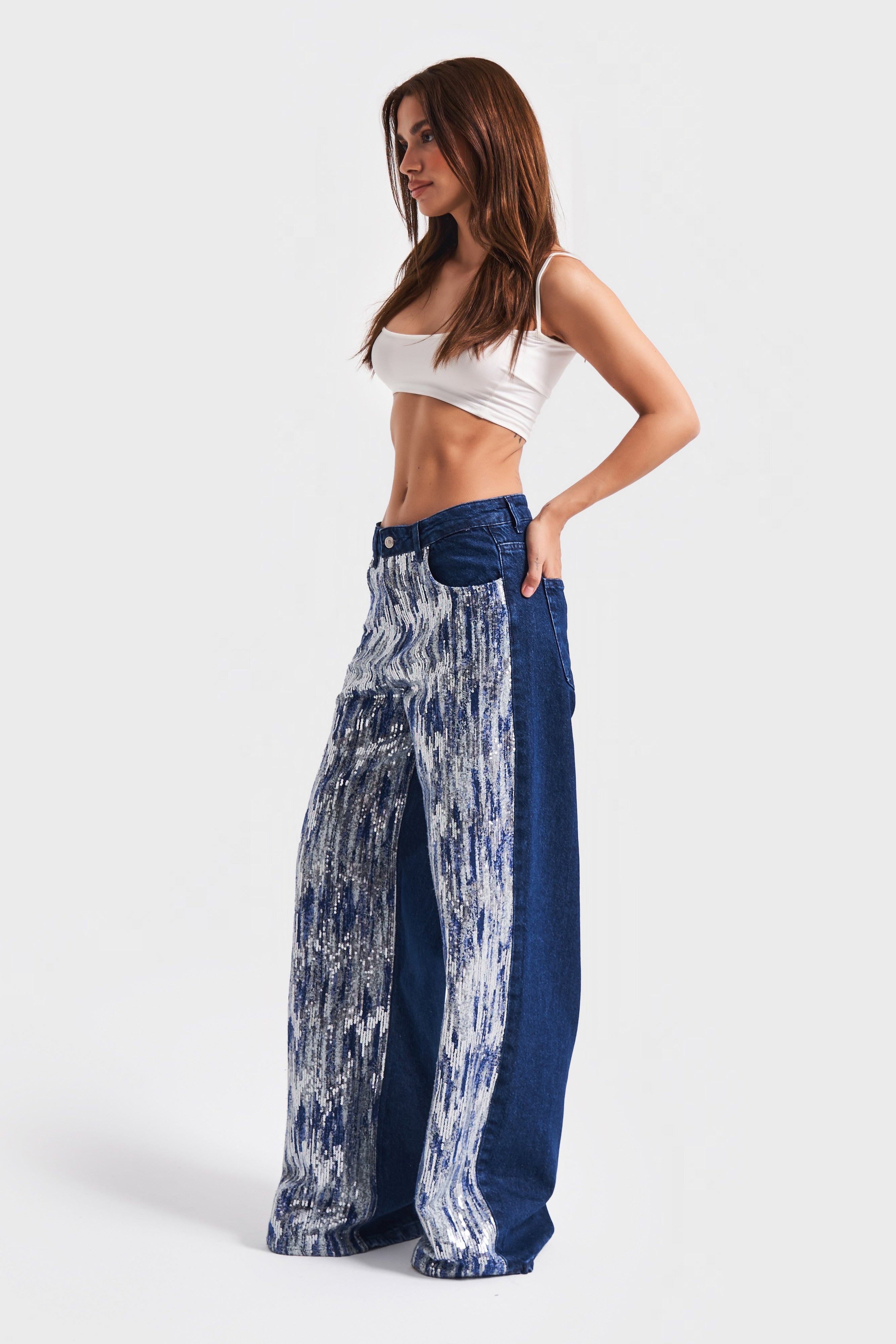 Kadın Mavi Renk 1w5-4 Palazzo Fit Pullu Özel Kumaş %100 Koton Tasarım Denim Jean
