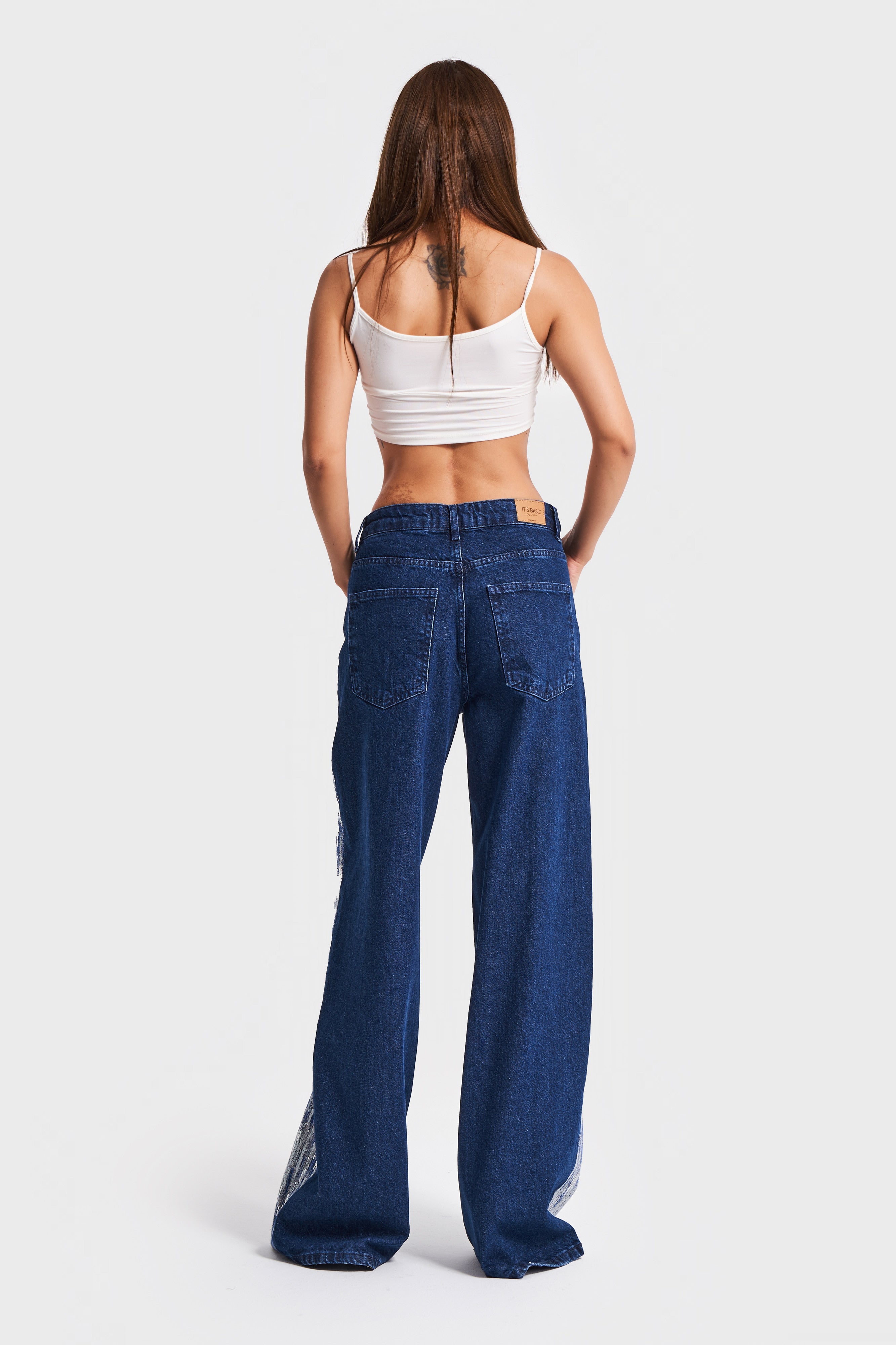 Kadın Mavi Renk 1w5-4 Palazzo Fit Pullu Özel Kumaş %100 Koton Tasarım Denim Jean