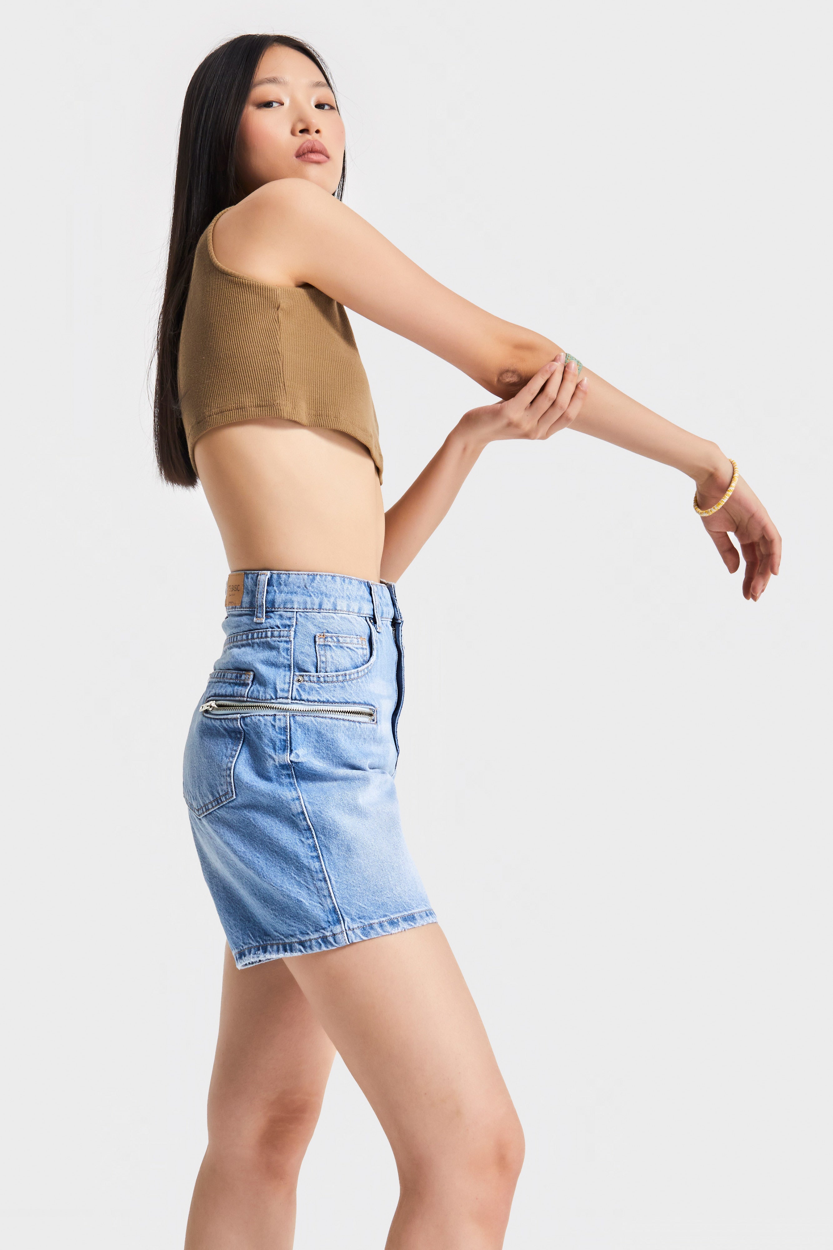 Kadın Mavi Renk 2s5-3 Midi Boy Yandan Fermuarlı Mom Fit Yüksek Bel Tasarım Denim Şort