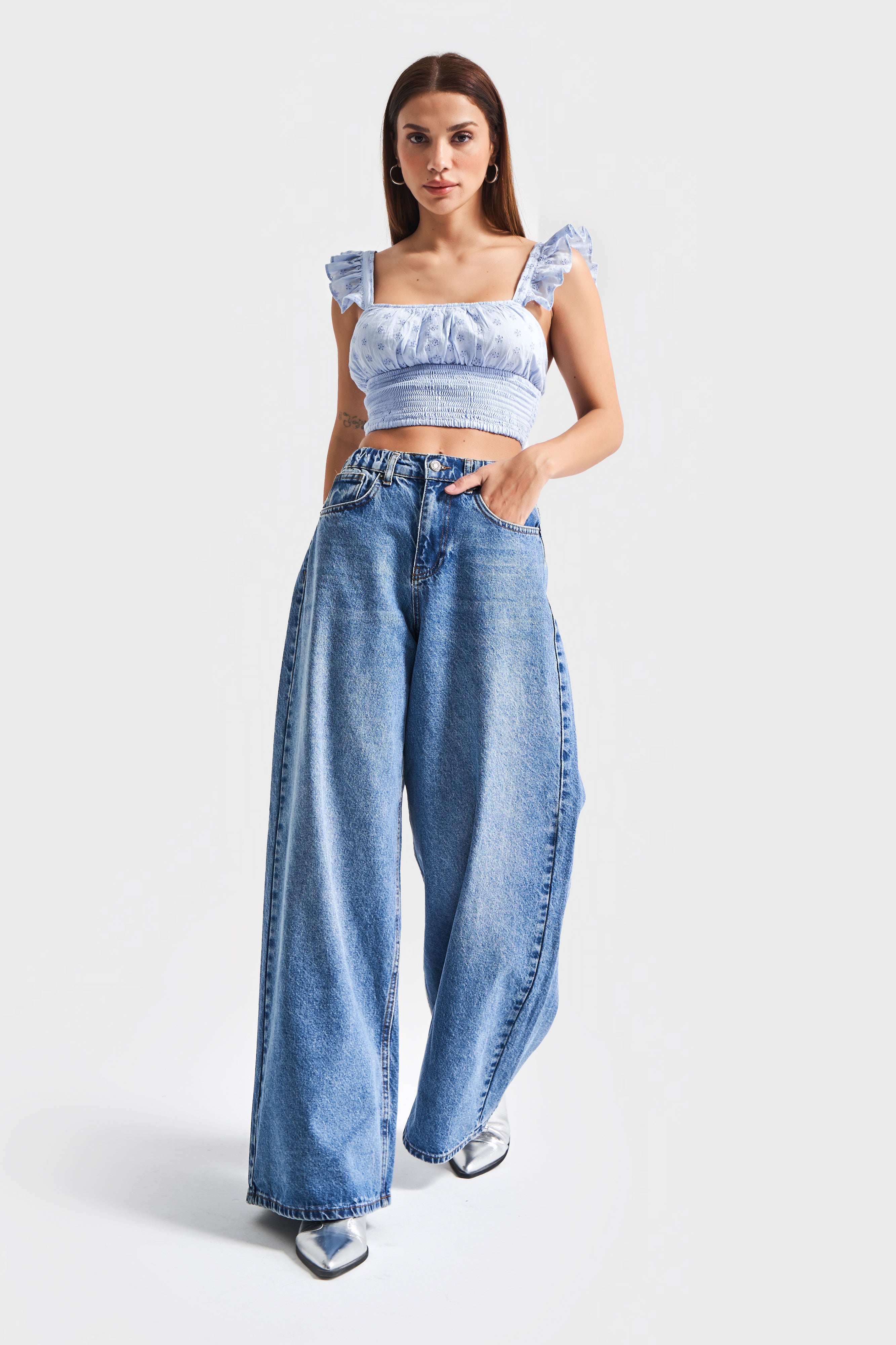 Women's Blue Color 2S5-4 Palazzo Fit Waist Elastic 100% Cotton Denim Jean