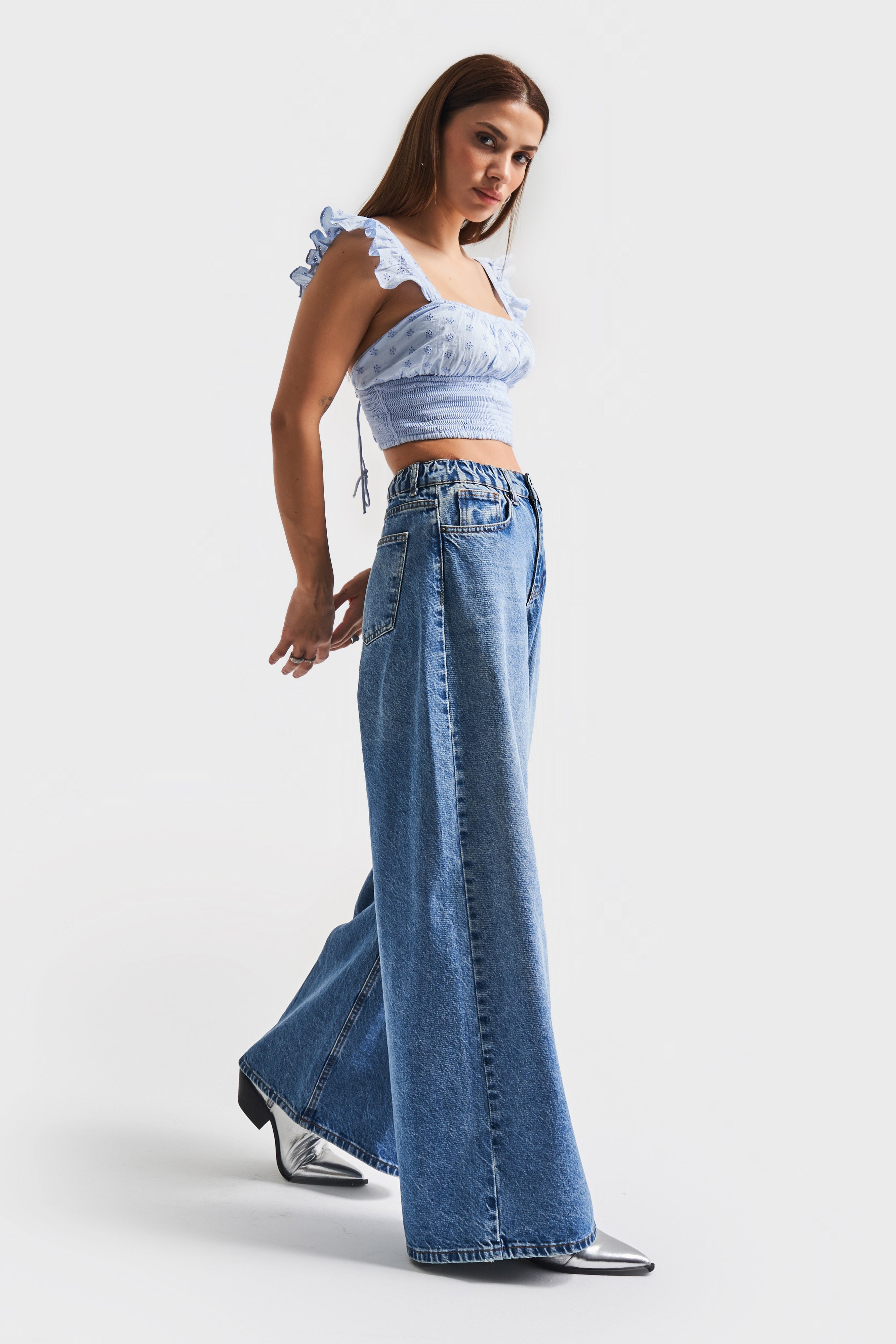 Women's Blue Color 2S5-4 Palazzo Fit Waist Elastic 100% Cotton Denim Jean