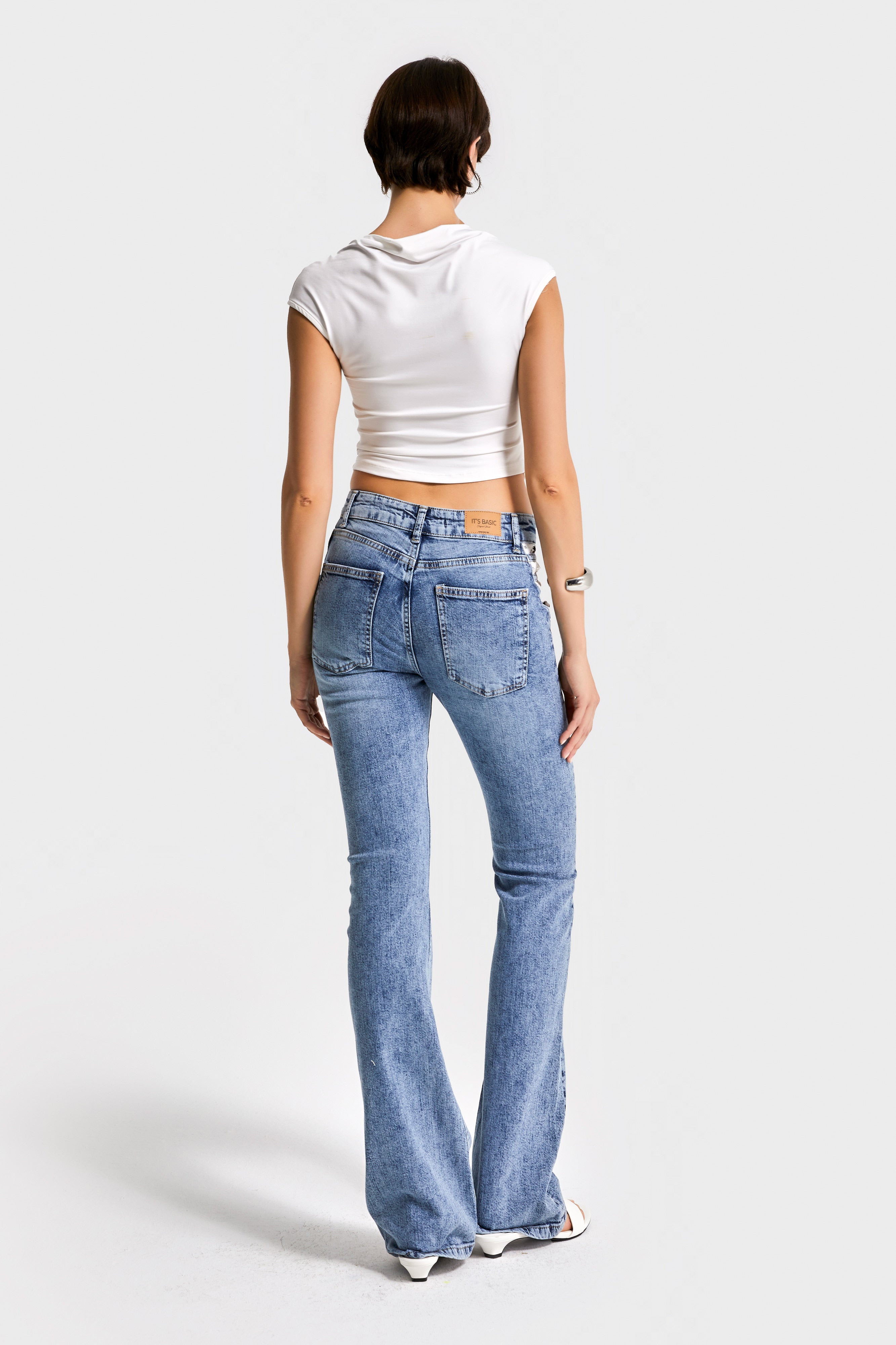 Kadın Mavi Renk 4s5-24 Flare Fit İspanyol Paça Likralı Kumaş Dantel Detaylı Tasarım Denim Jean