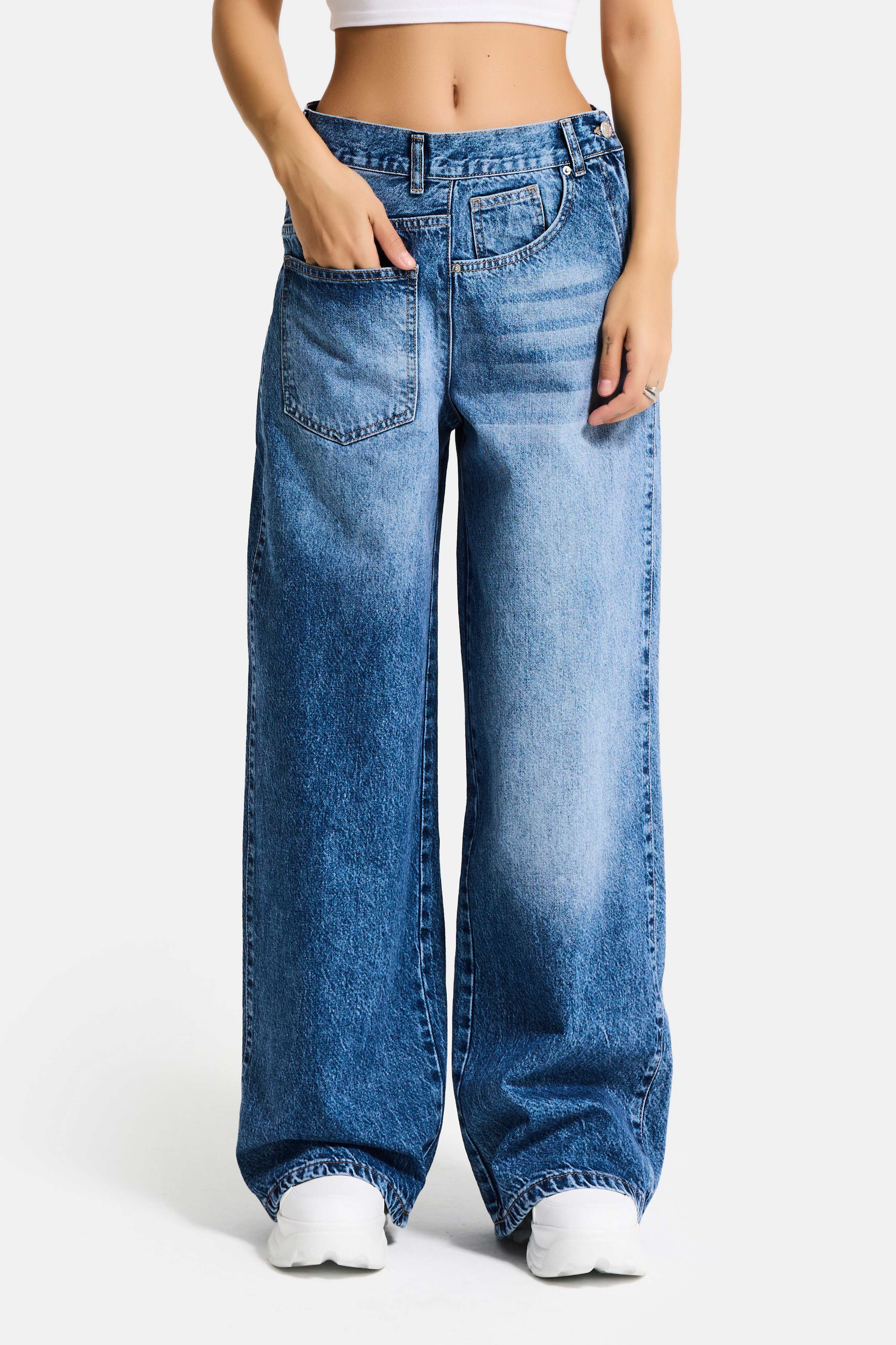 Kadın Mavi Renk 4s6-4 Mega Baggy Fit Ön Arka Detay Tasarım Denim Jean