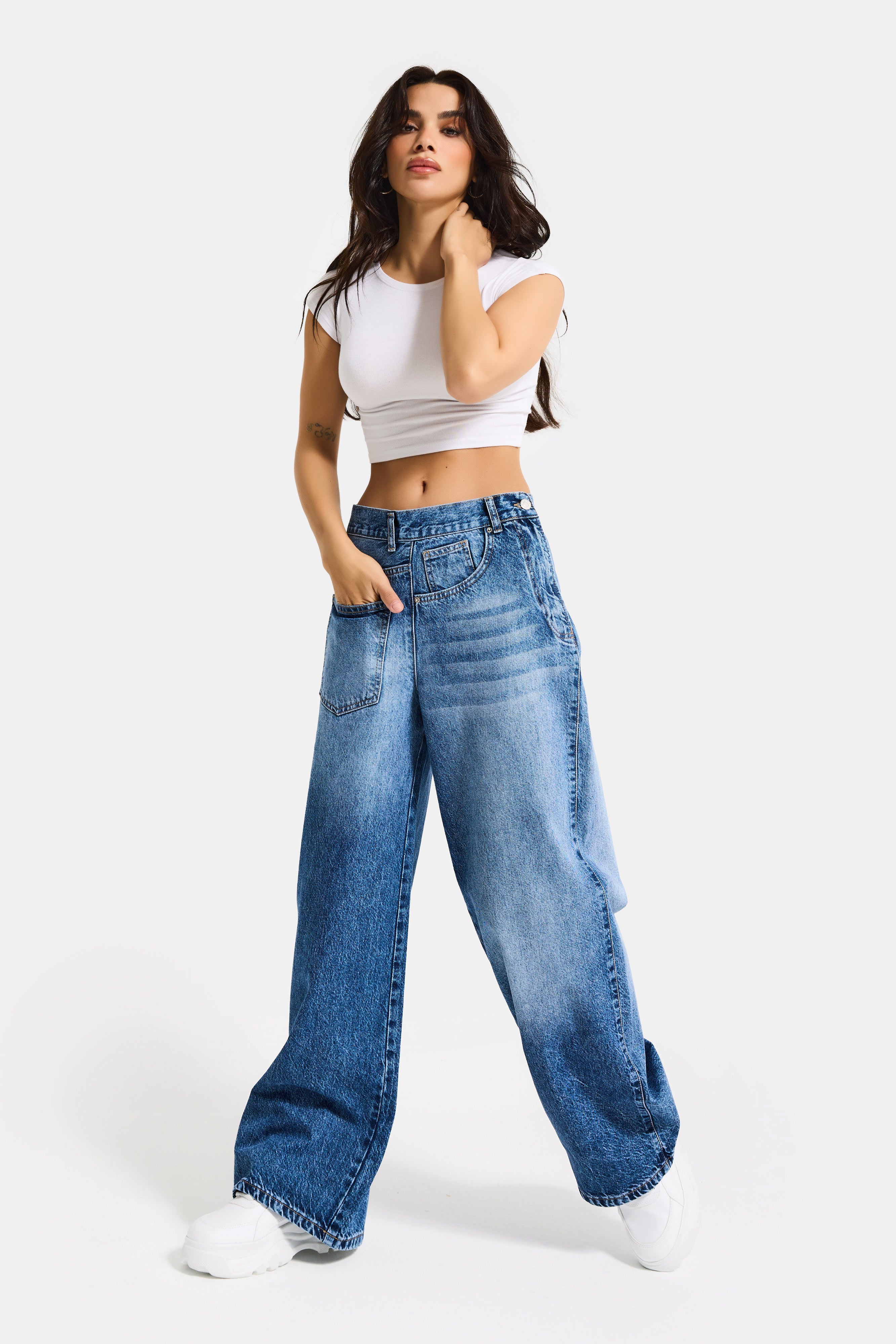 Kadın Mavi Renk 4s6-4 Mega Baggy Fit Ön Arka Detay Tasarım Denim Jean