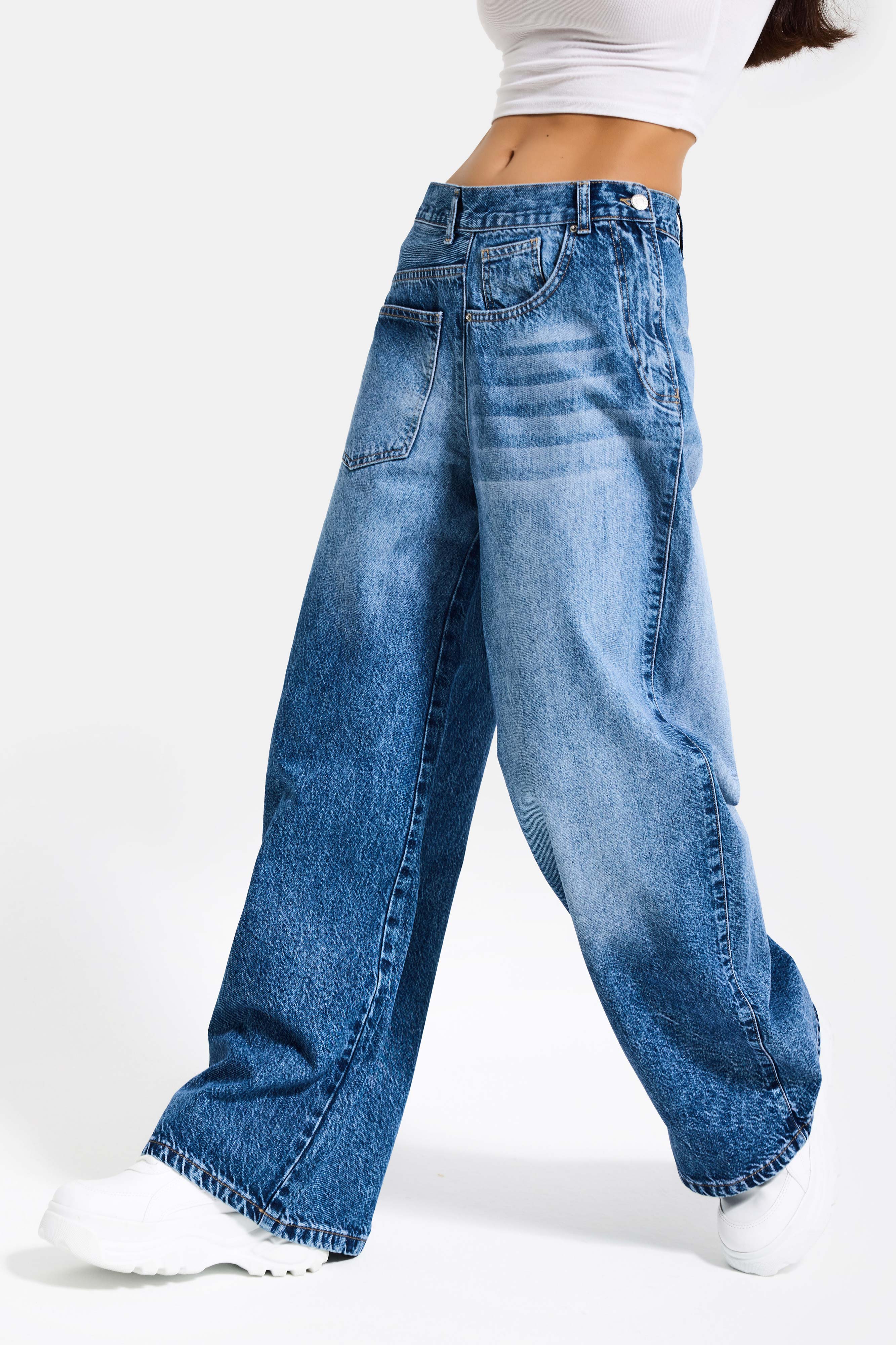 Kadın Mavi Renk 4s6-4 Mega Baggy Fit Ön Arka Detay Tasarım Denim Jean