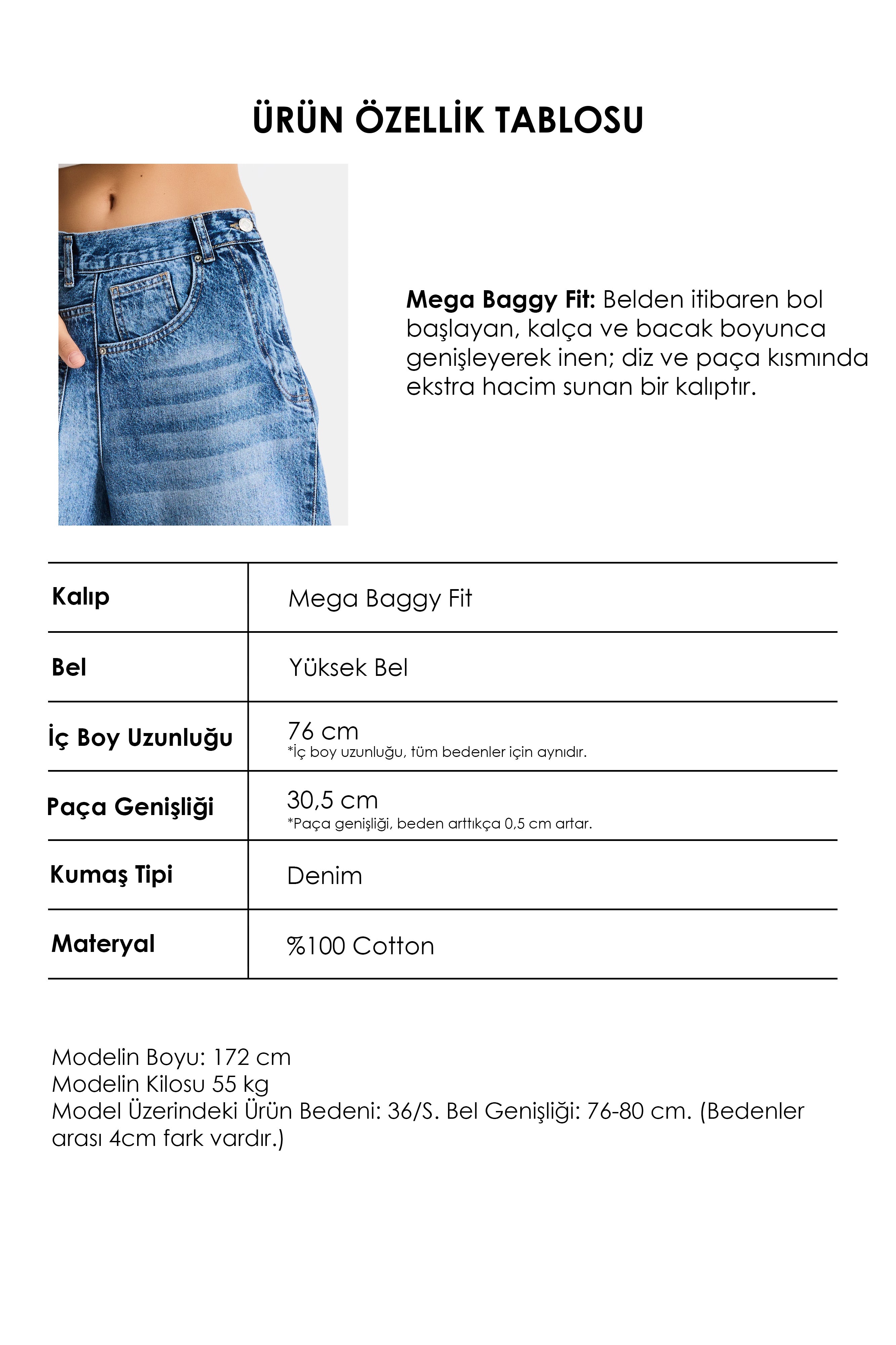 Kadın Mavi Renk 4s6-4 Mega Baggy Fit Ön Arka Detay Tasarım Denim Jean