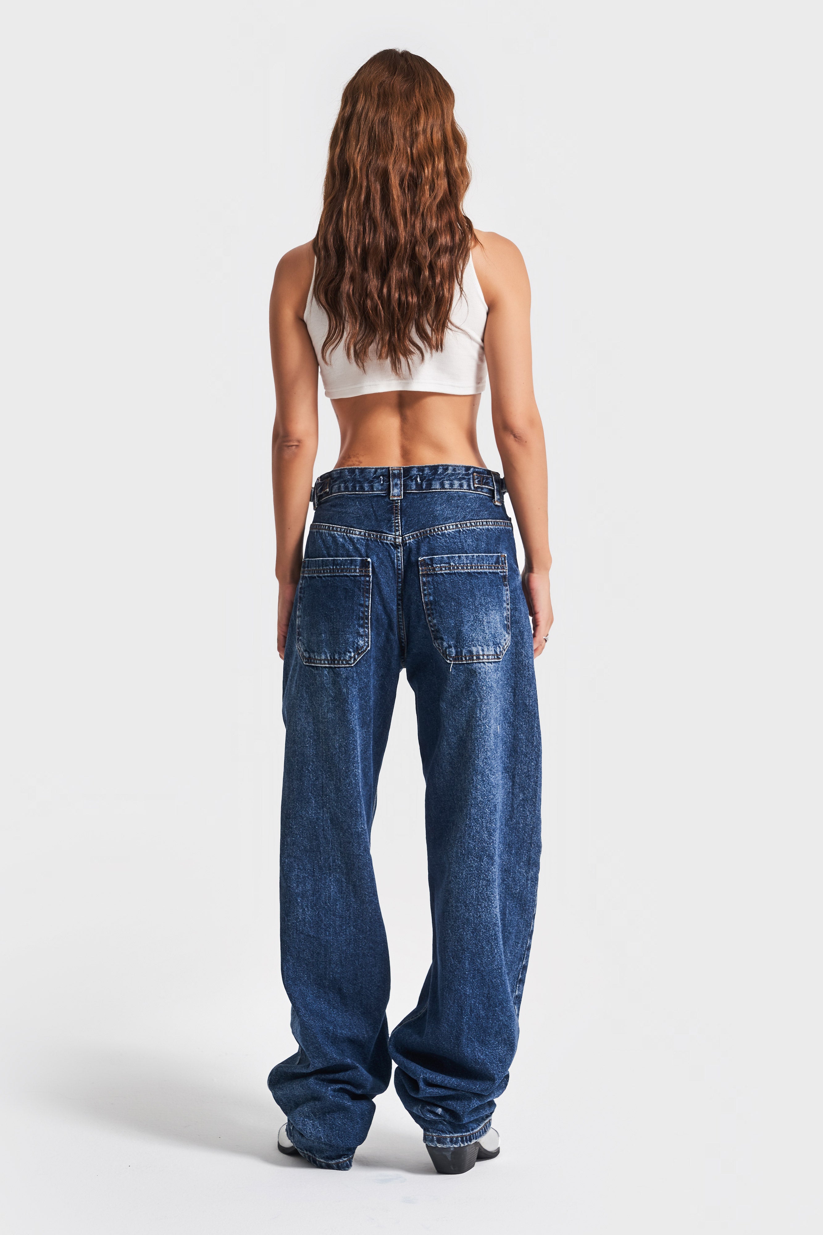 Kadın Mavi Renk Lotus Belden Ayarlı Kemer Uzun Bol Kesim Jean