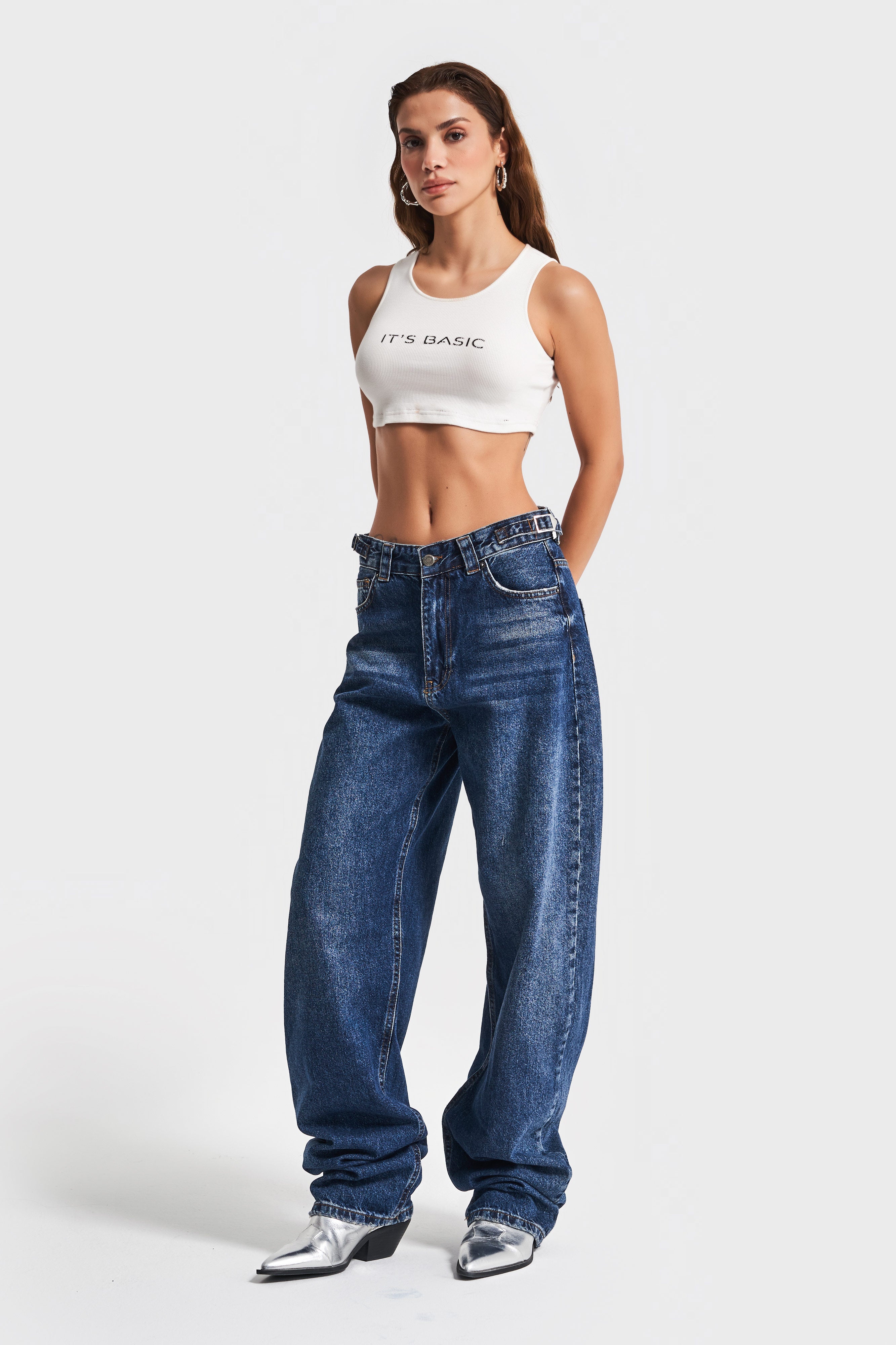 Kadın Mavi Renk Lotus Belden Ayarlı Kemer Uzun Bol Kesim Jean