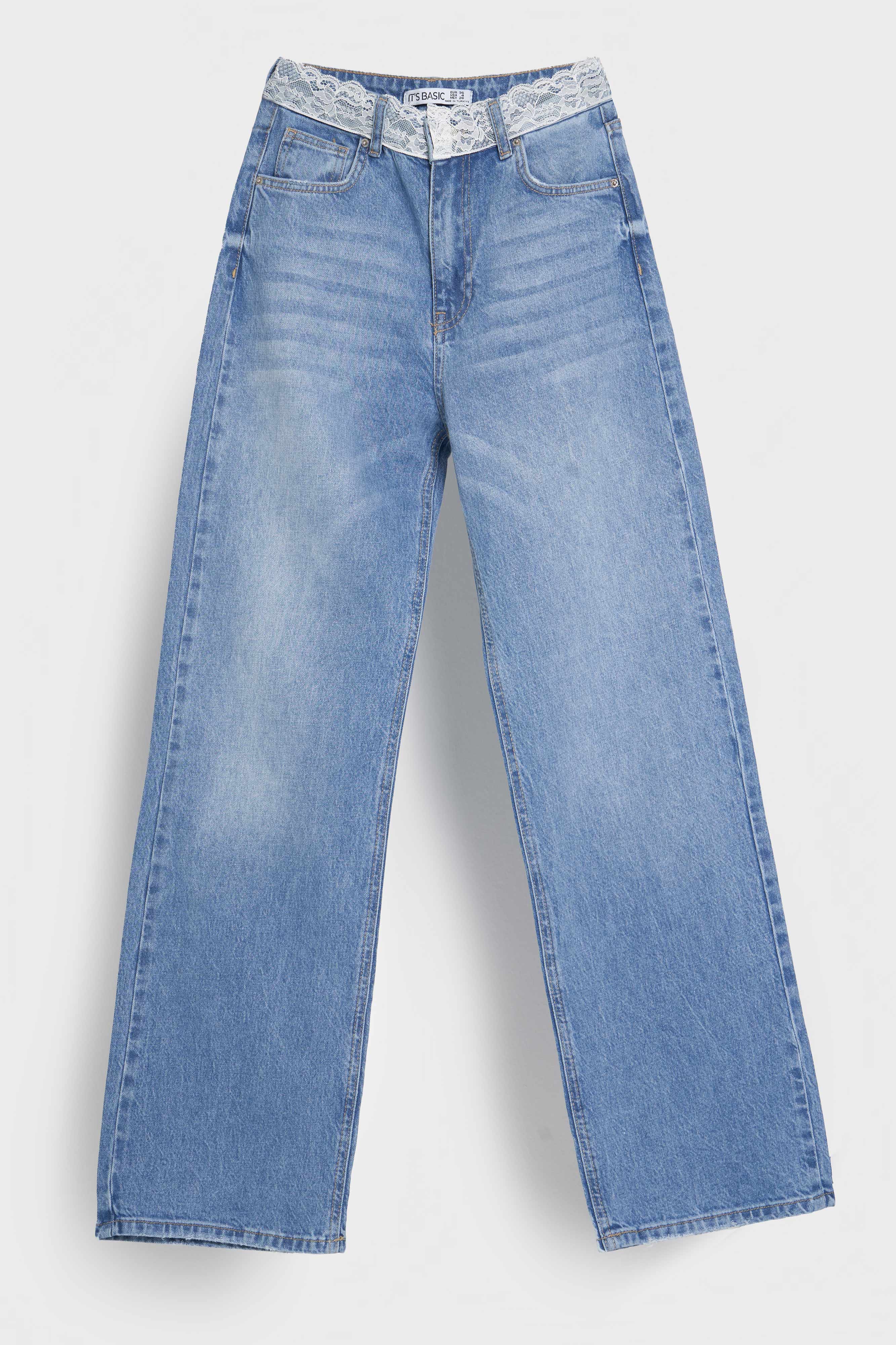 Kadın Mavi Renk D-2s5-3 Straight Fit Kemeri Dantel Detaylı Yüksek Bel %100 Koton Tasarım Denim Jean