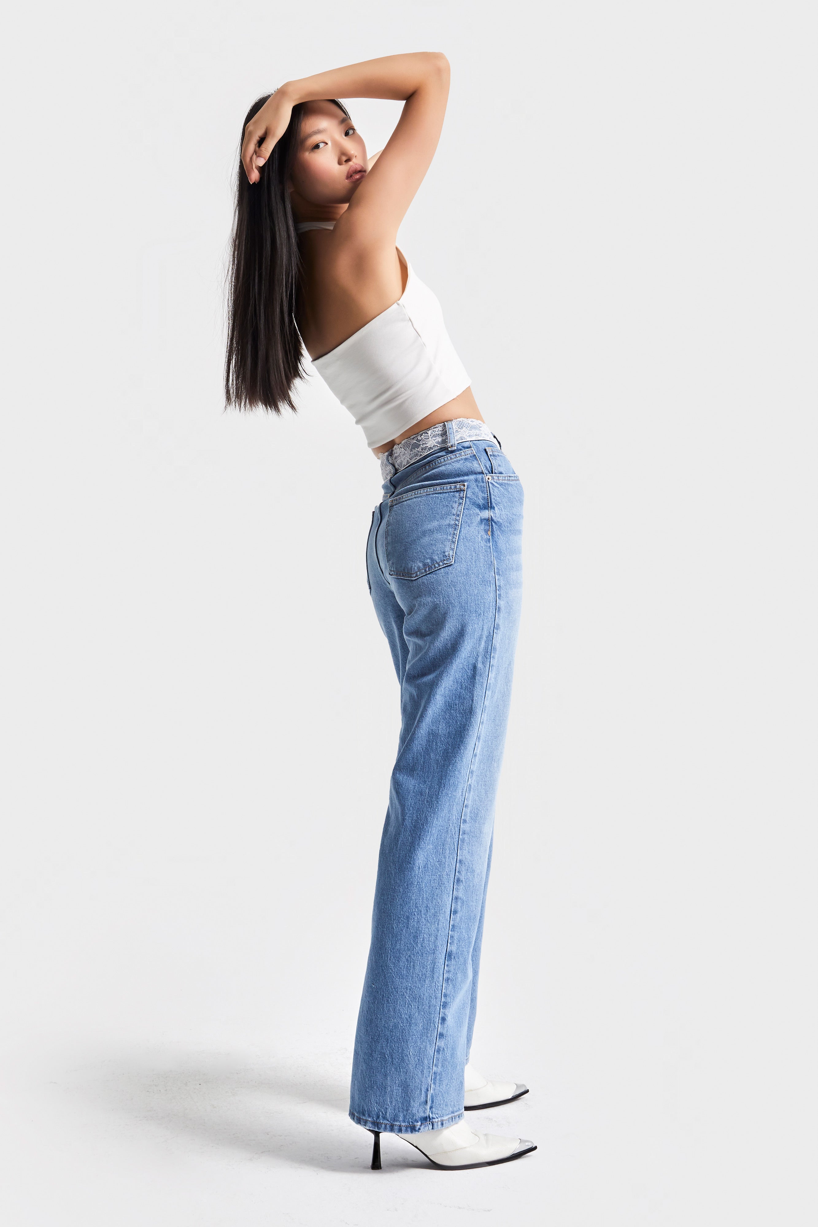 Kadın Mavi Renk D-2s5-3 Straight Fit Kemeri Dantel Detaylı Yüksek Bel %100 Koton Tasarım Denim Jean