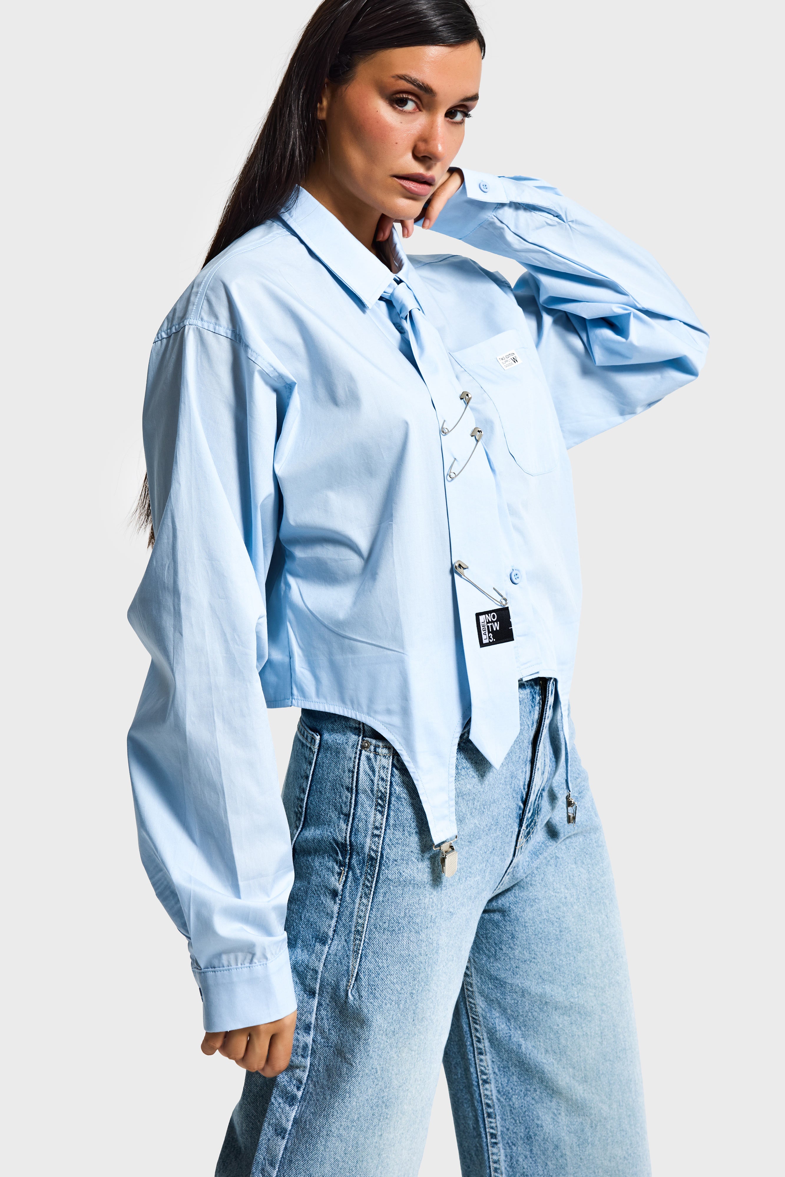 Kadın Mavi Renk Kravatlı Tasarım Bol Kesim Gömlek