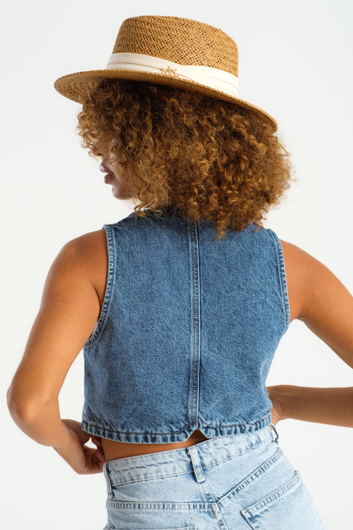 Women's Blue Color Front Buttoned Zero Sleeve Denim Vest