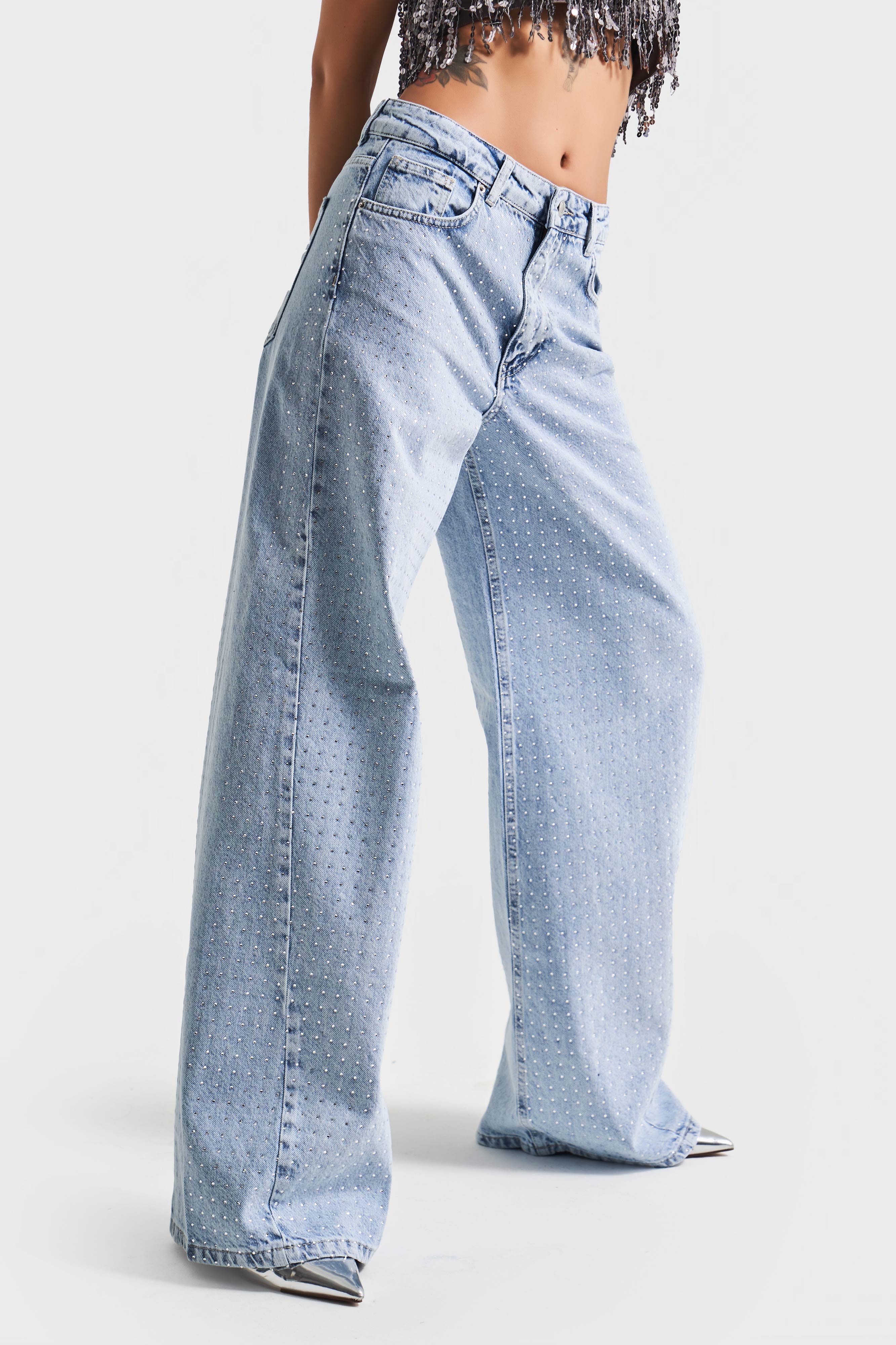 Women's Blue Color Front Full Shiny Stone Palazzo Fit Denim