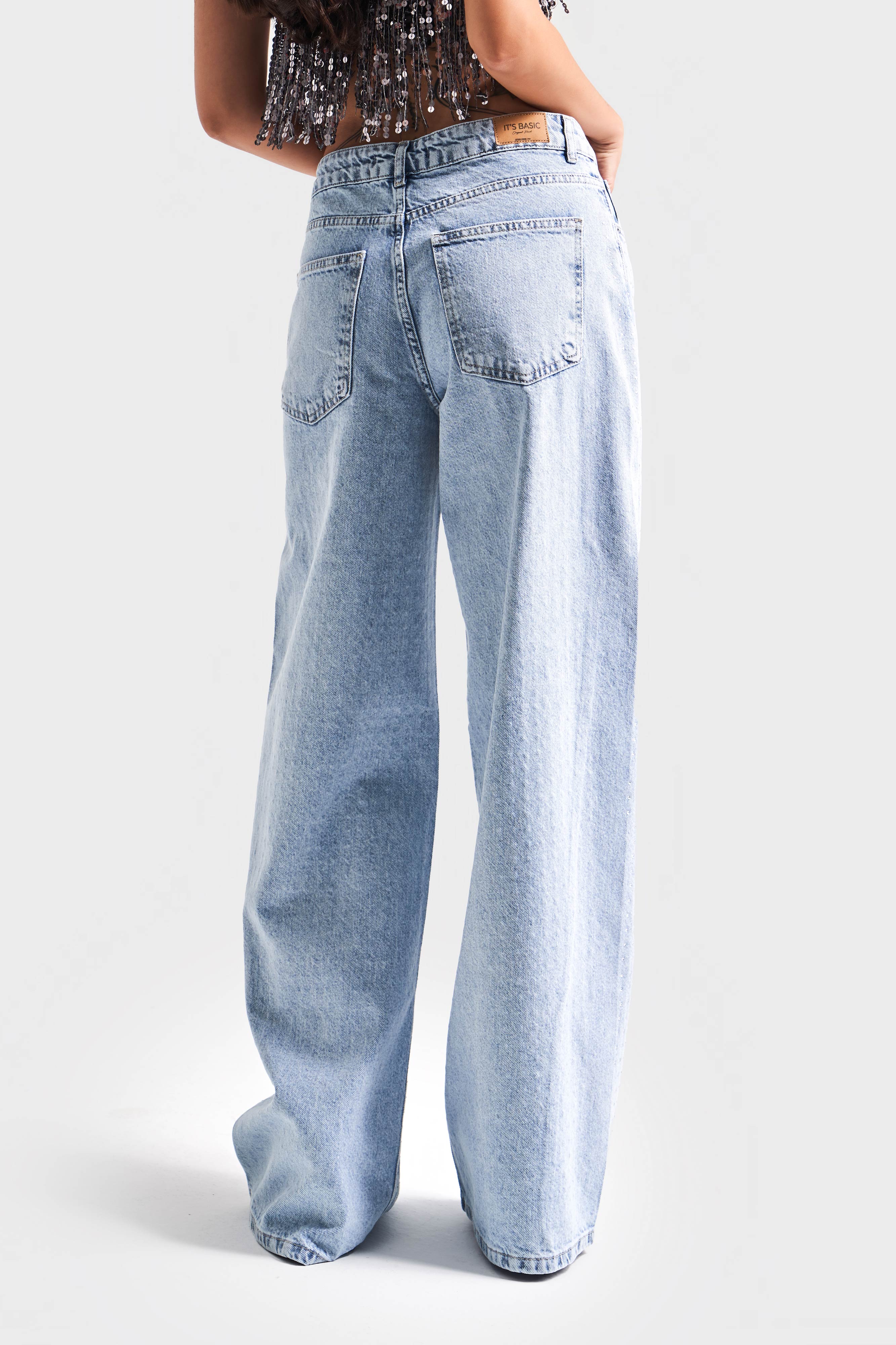 Женские джинсы Palazzo синего цвета спереди с блестками и камнями