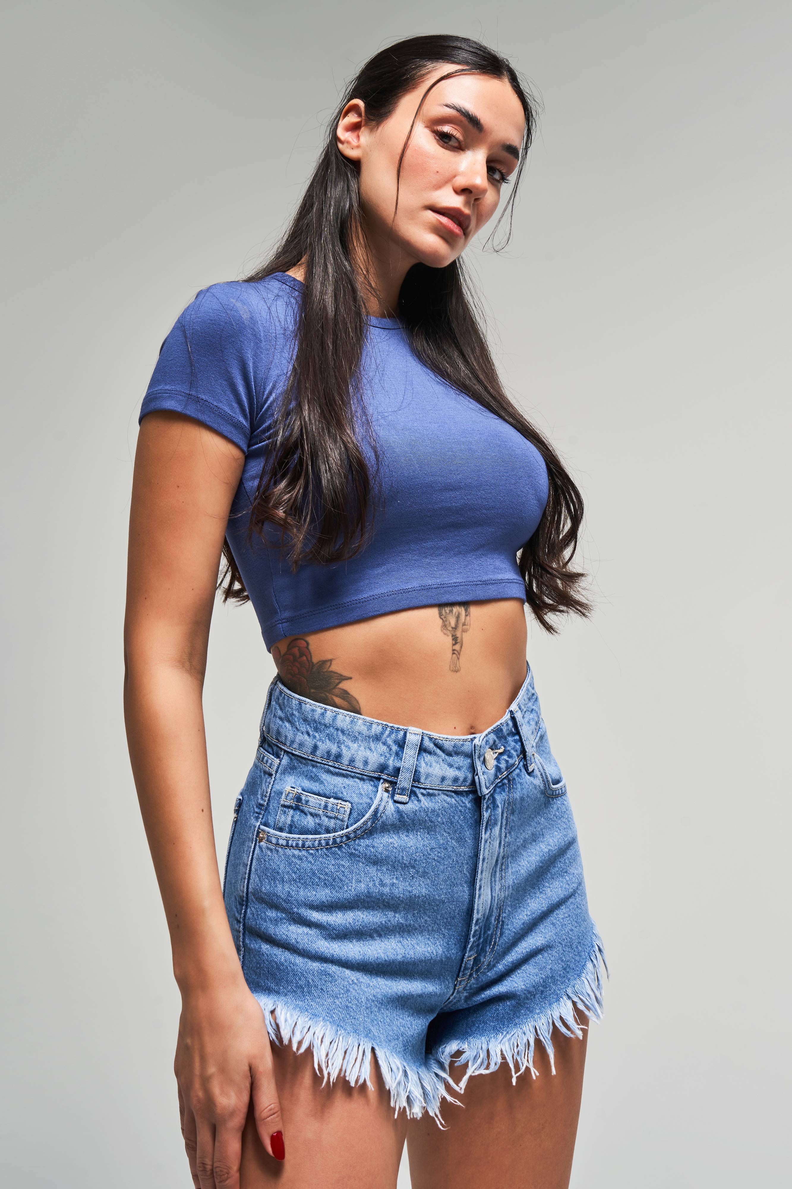 Women's Blue Color Tasseled Mini Denim Shorts