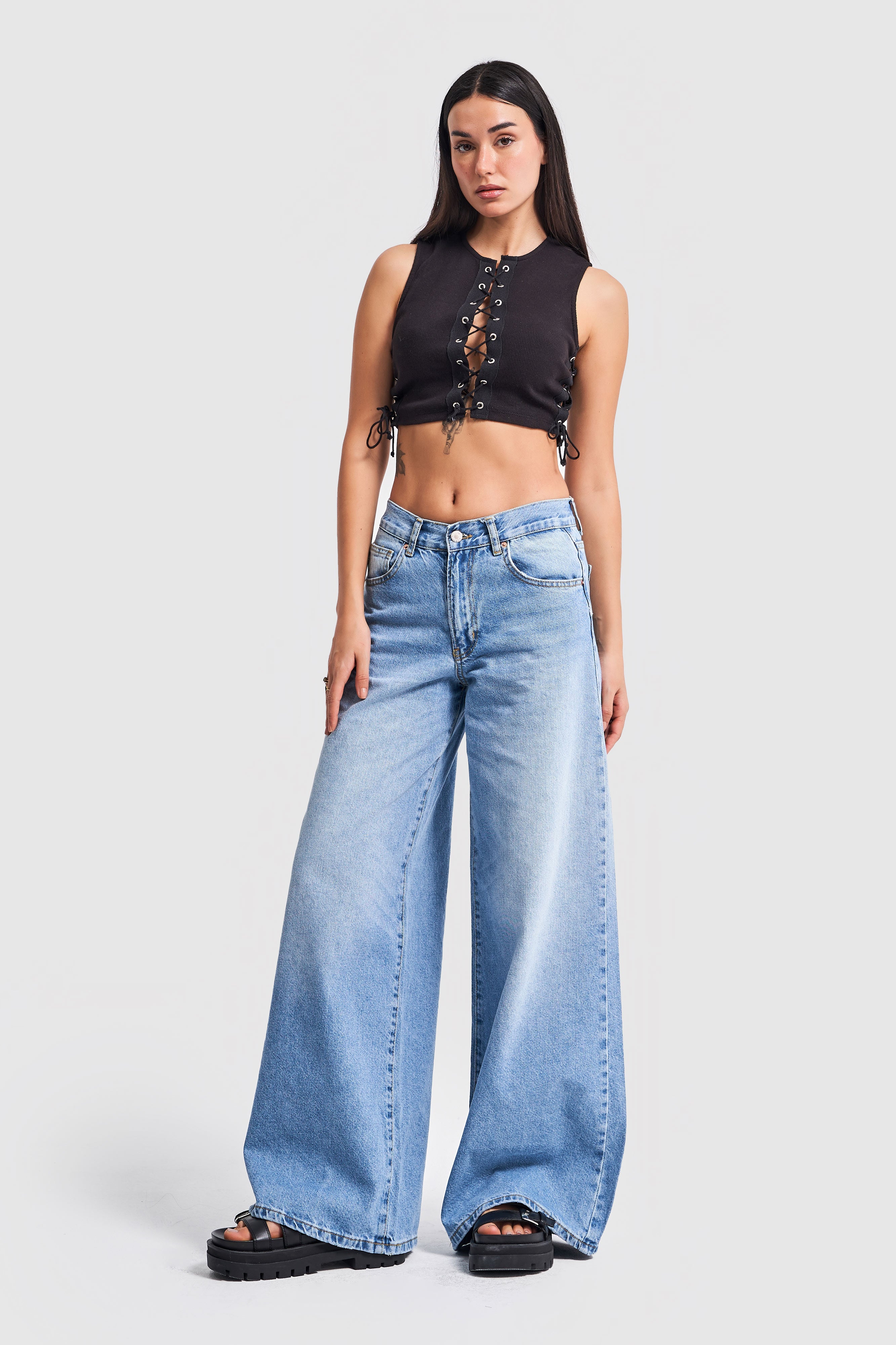 Kadın Mavi Renk Hera Palazzo Fit Denim Pantolon