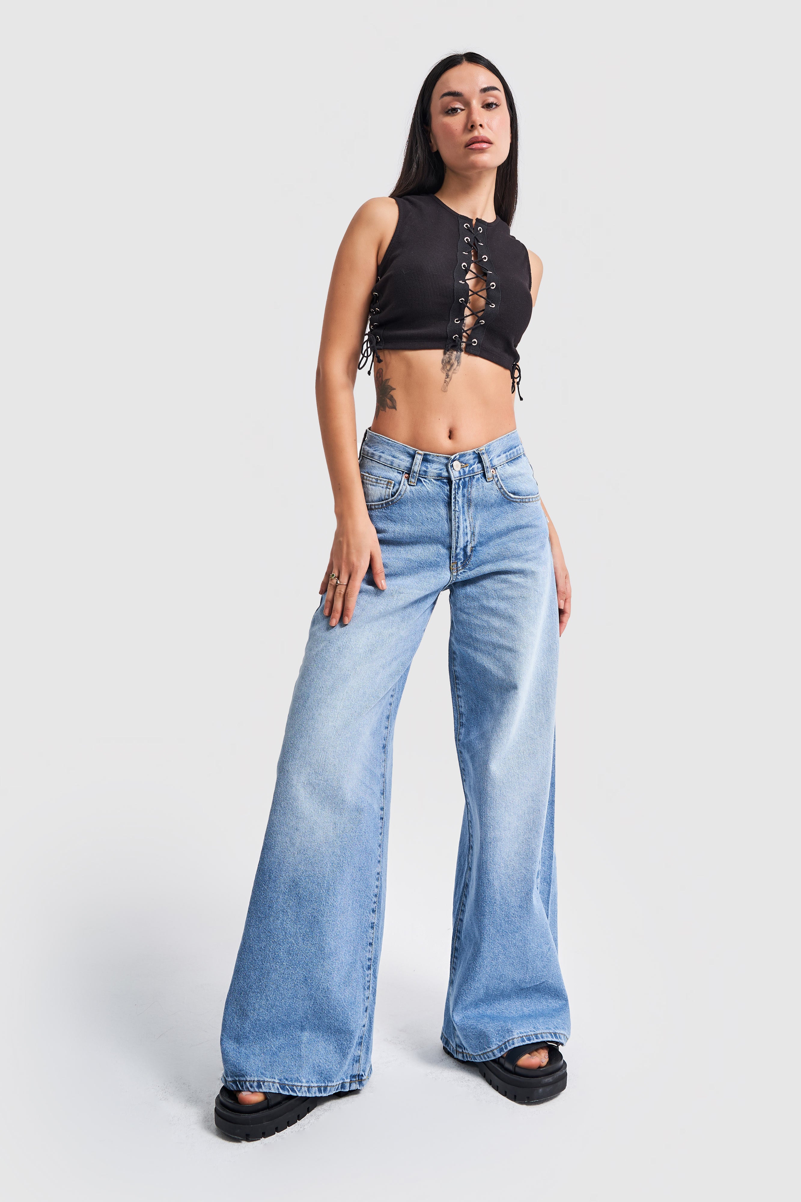 Kadın Mavi Renk Hera Palazzo Fit Denim Pantolon