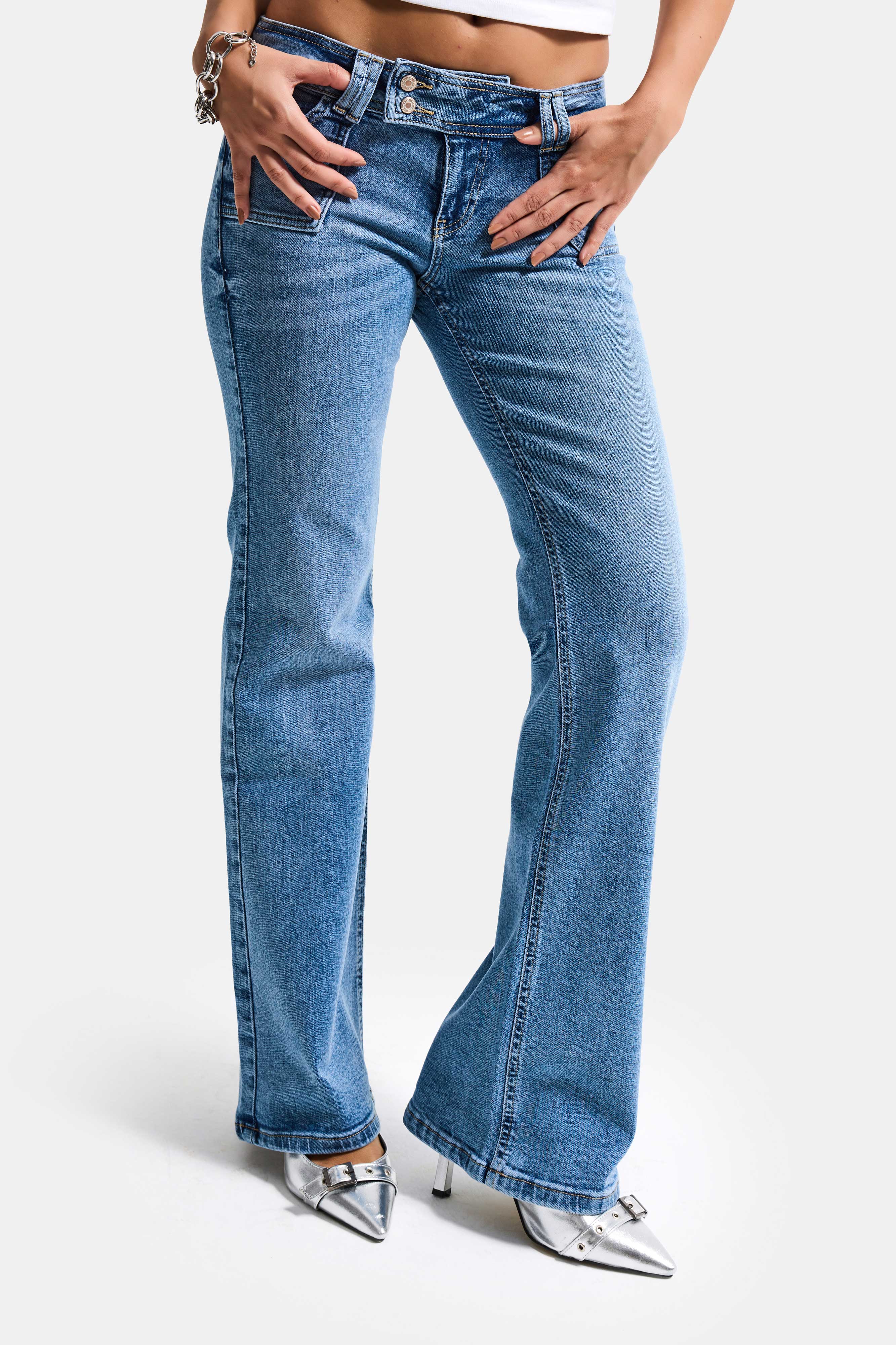 Kadın Mavi T-4s6-4 Flare Fit Düşük Bel Taş Detaylı Özel Tasarım Denim Jean