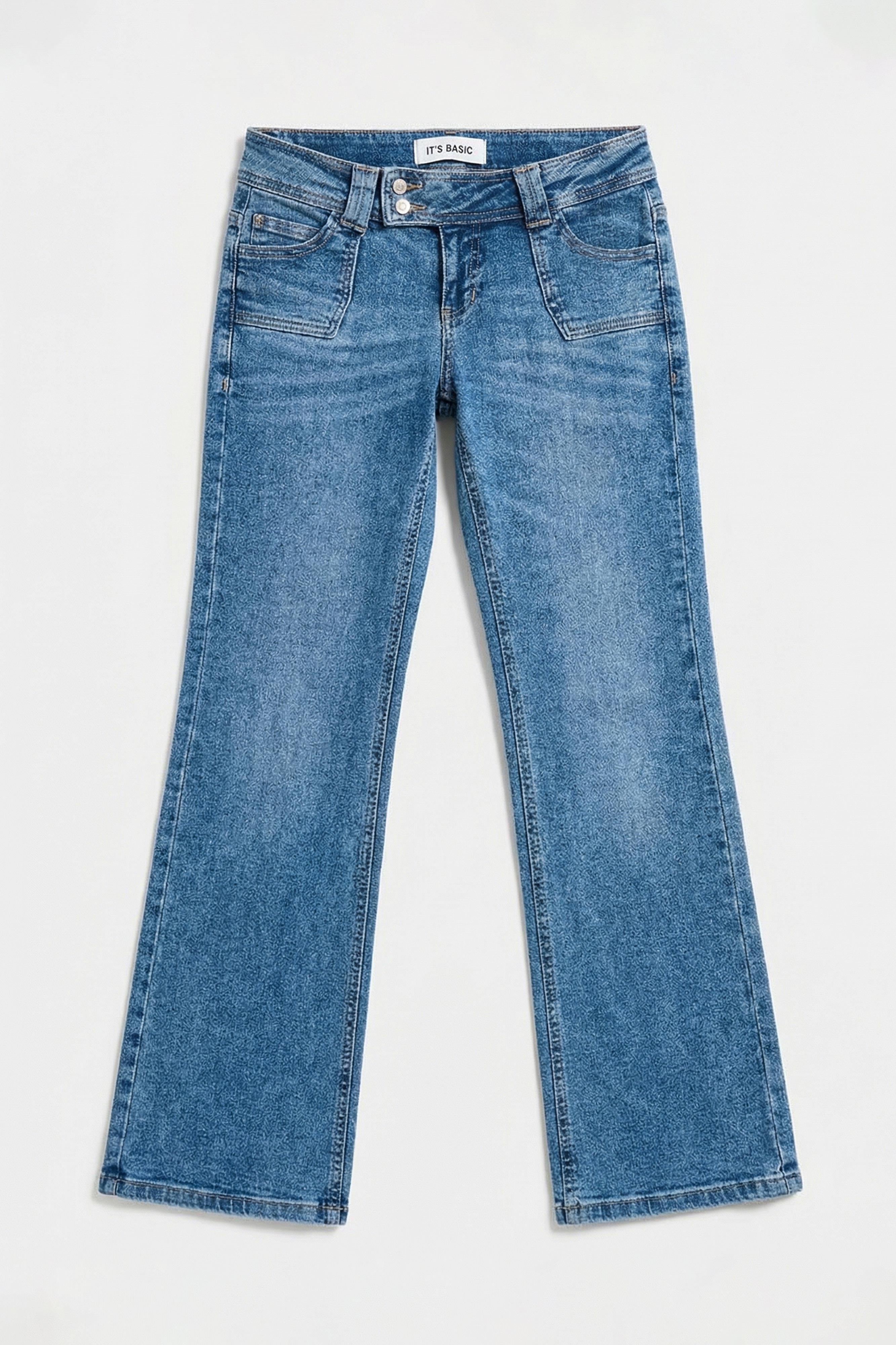 Kadın Mavi T-4s6-4 Flare Fit Düşük Bel Taş Detaylı Özel Tasarım Denim Jean