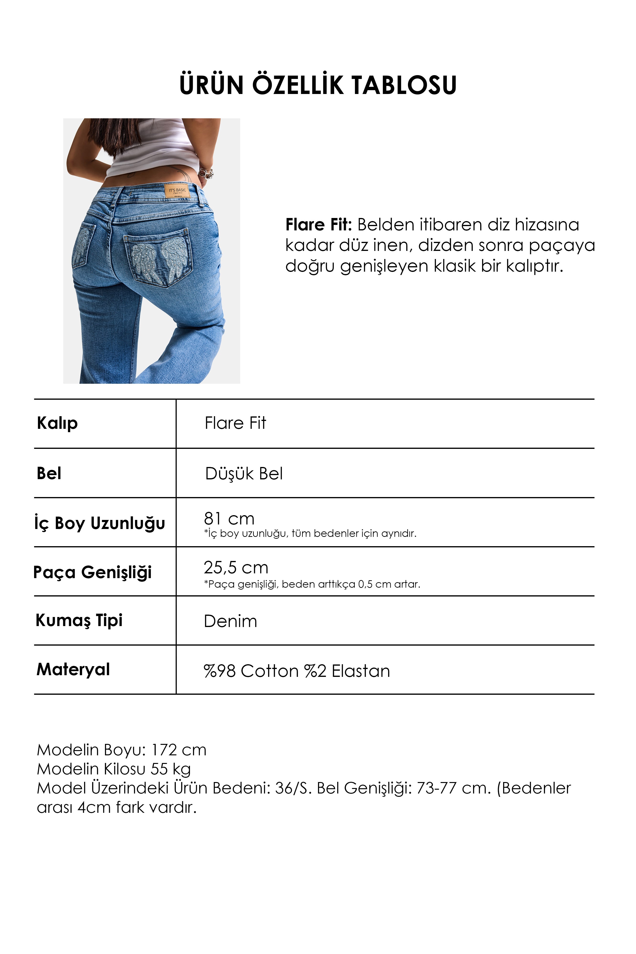 Kadın Mavi T-4s6-4 Flare Fit Düşük Bel Taş Detaylı Özel Tasarım Denim Jean